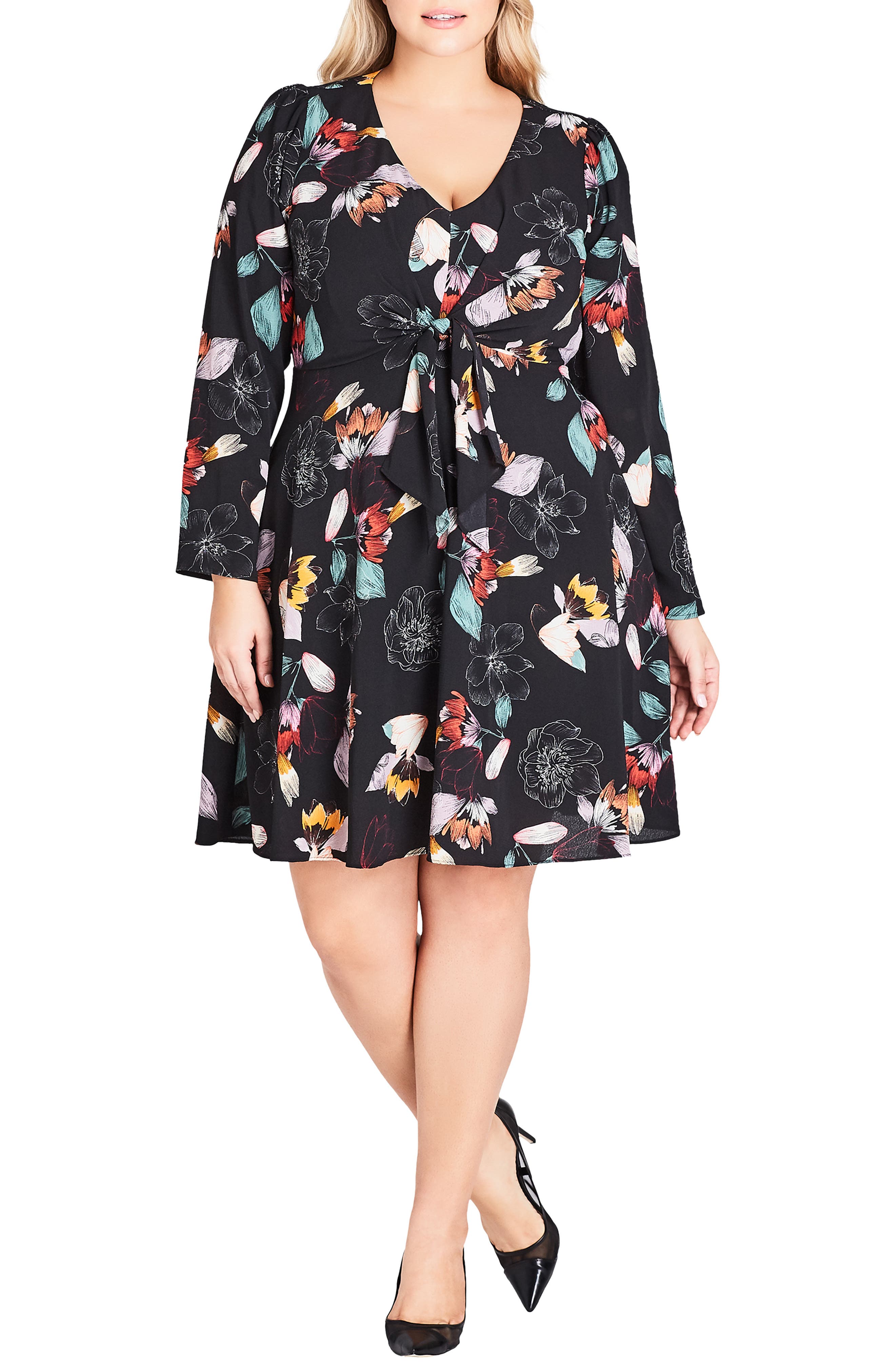 Plus Size City Chic Floral Sketch Fit & Flare Dress, Black