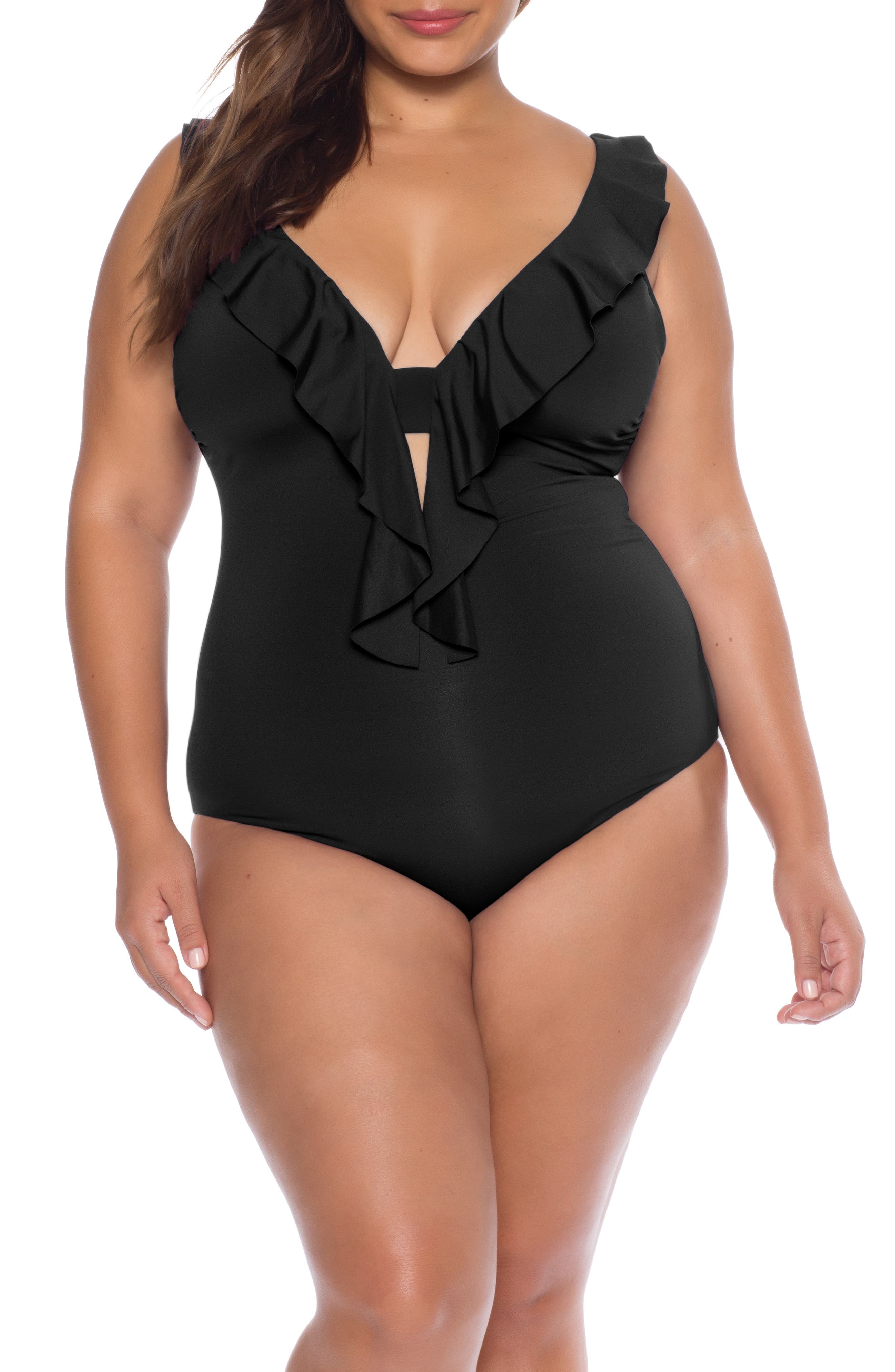 Plus Size Becca Etc. Socialite Ruffle One-Piece Swimsuit, Black