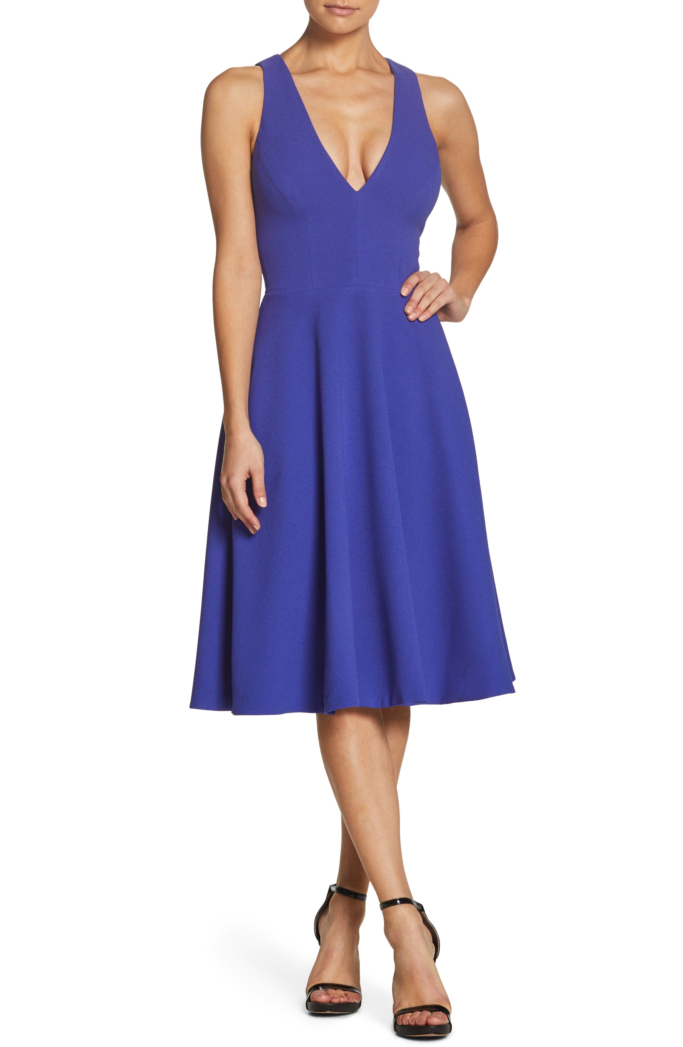 Dress The Population Catalina Tea Length Fit & Flare Dress, Blue