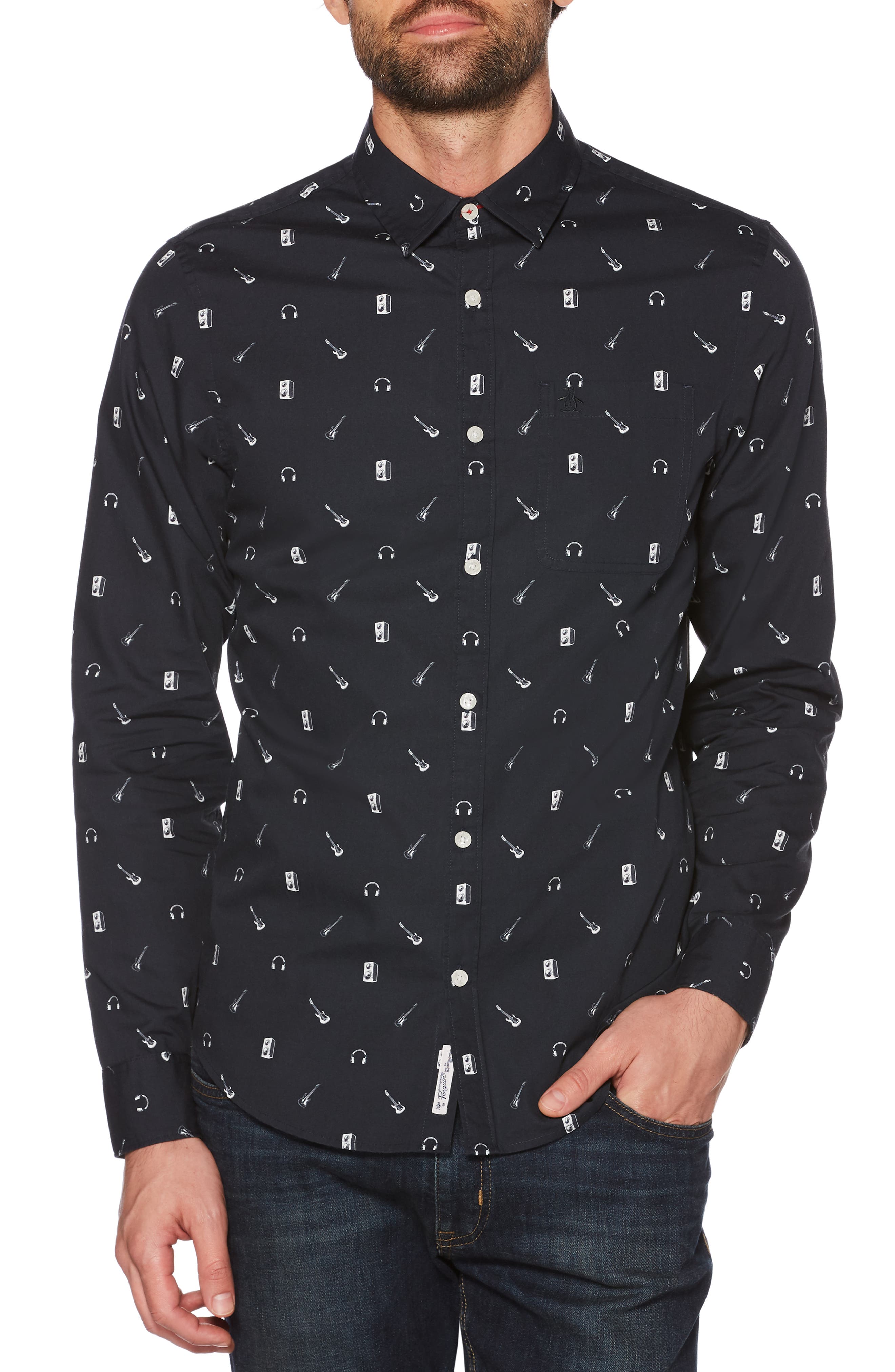 UPC 740670436999 product image for Men's Original Penguin Slim Fit Rock Band Print Sport Shirt, Size Small - Blue | upcitemdb.com