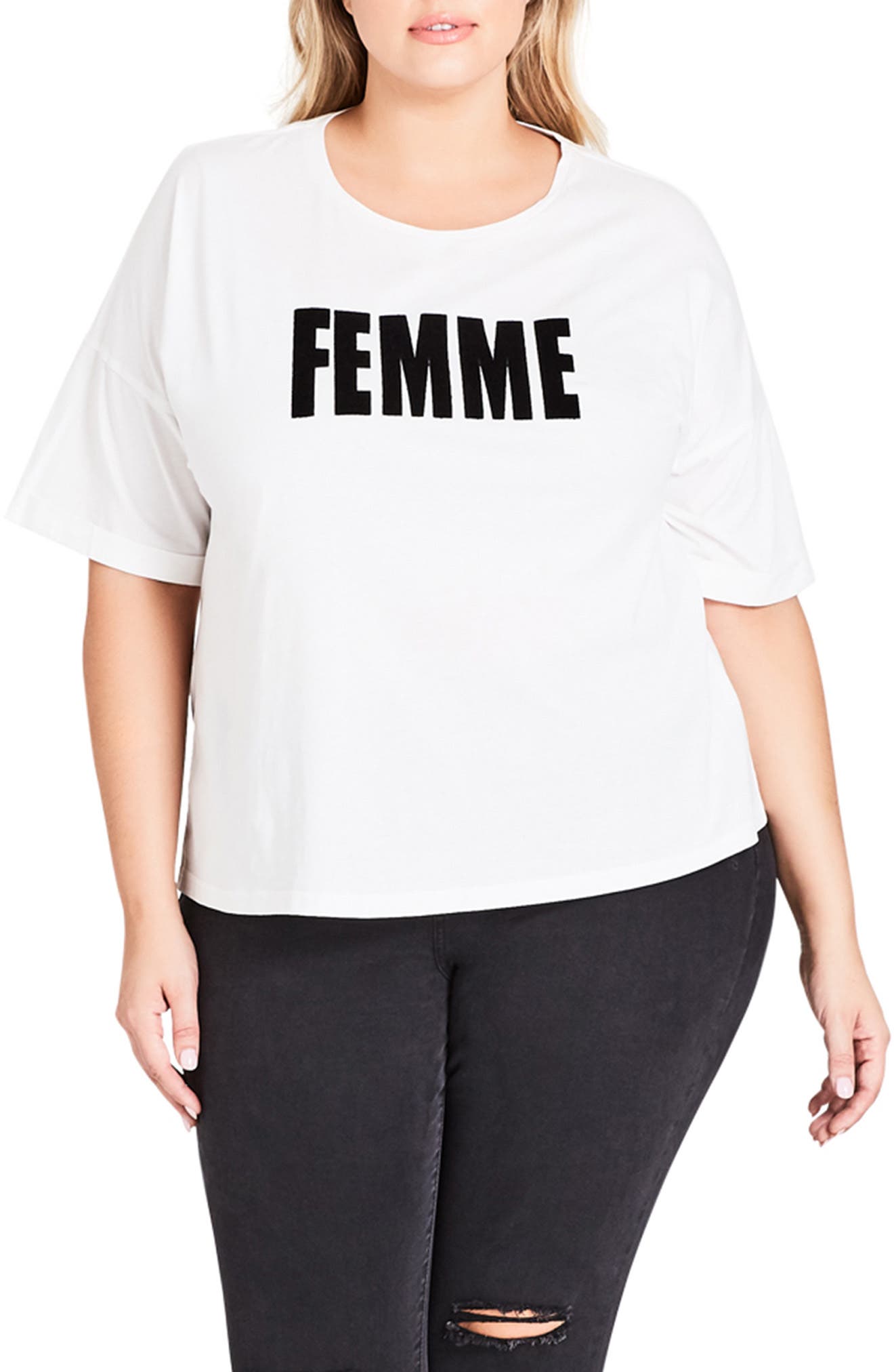 Plus Size City Chic Faux Fur Lettered Femme Tee, Ivory