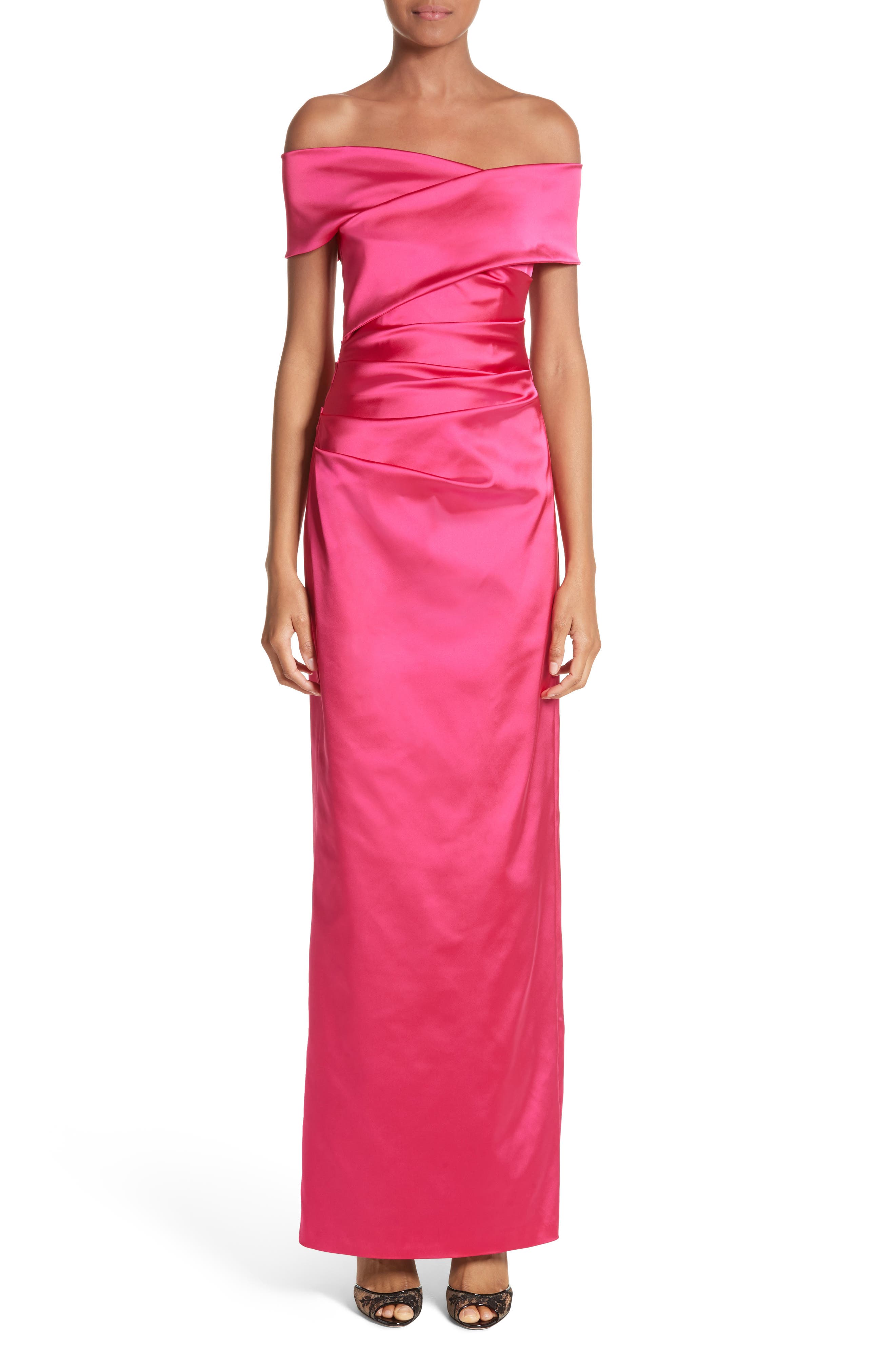 Talbot Runhof Stretch Satin Off The Shoulder Column Gown, Pink