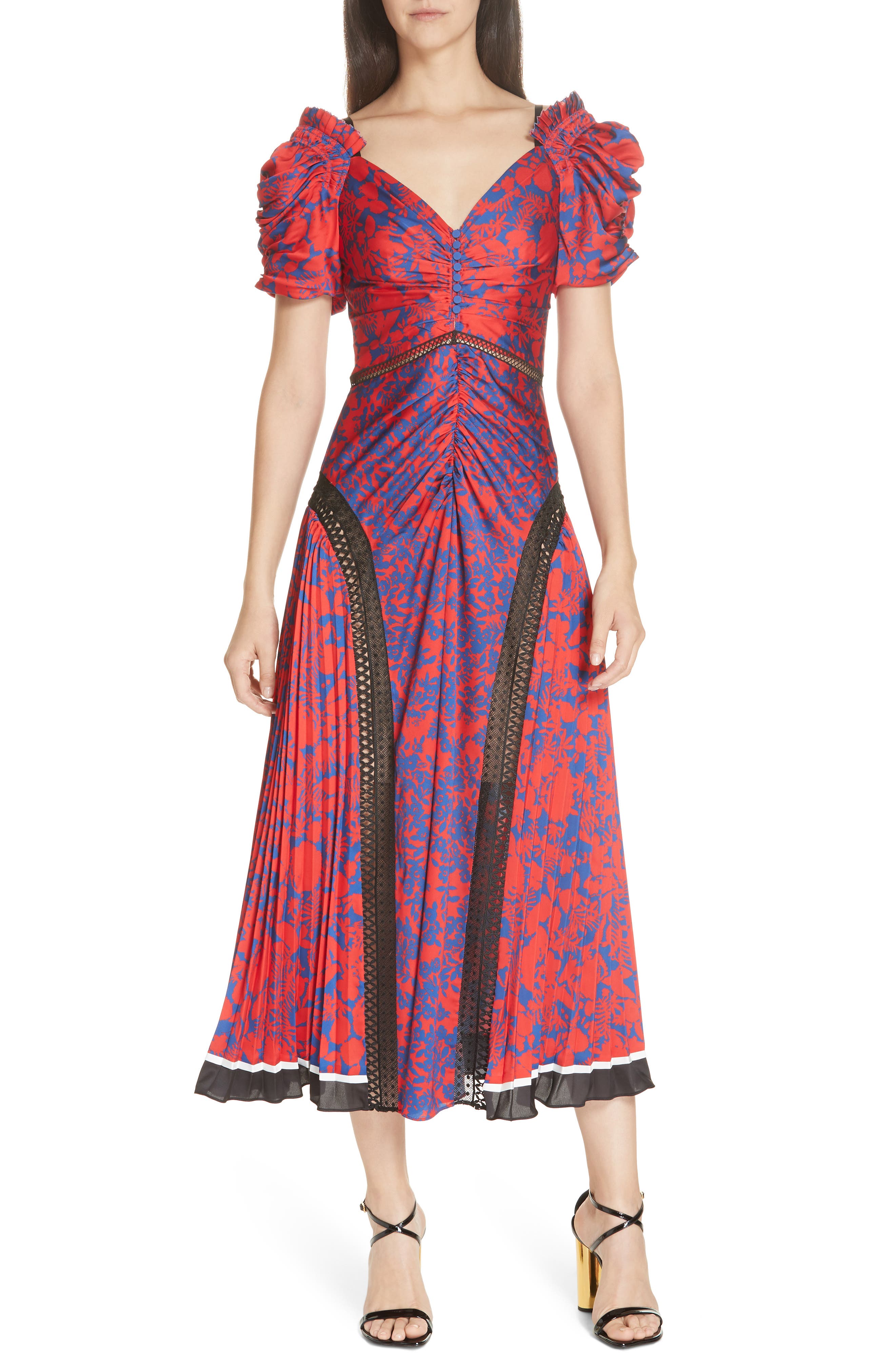 Self-Portrait Ruched & Pleated Floral Print Midi Dress, Red