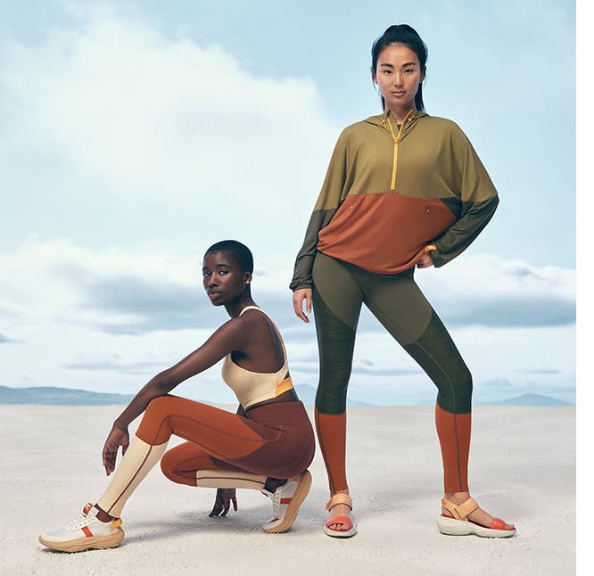 Women wearing activewear and shoes from SOREL x prAna.