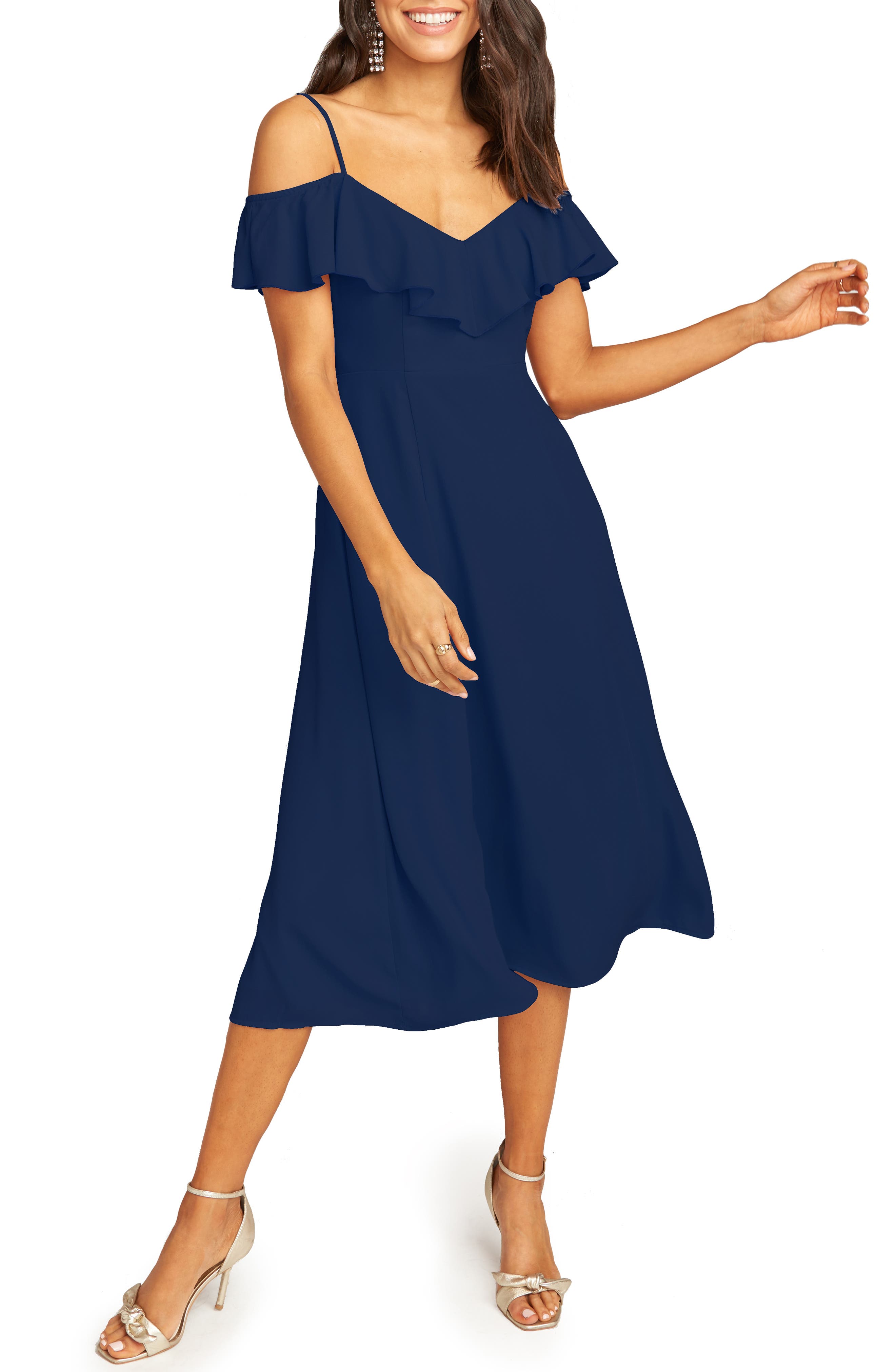 Show Me Your Mumu Camilla Ruffle Neck Tea Length Dress, Blue