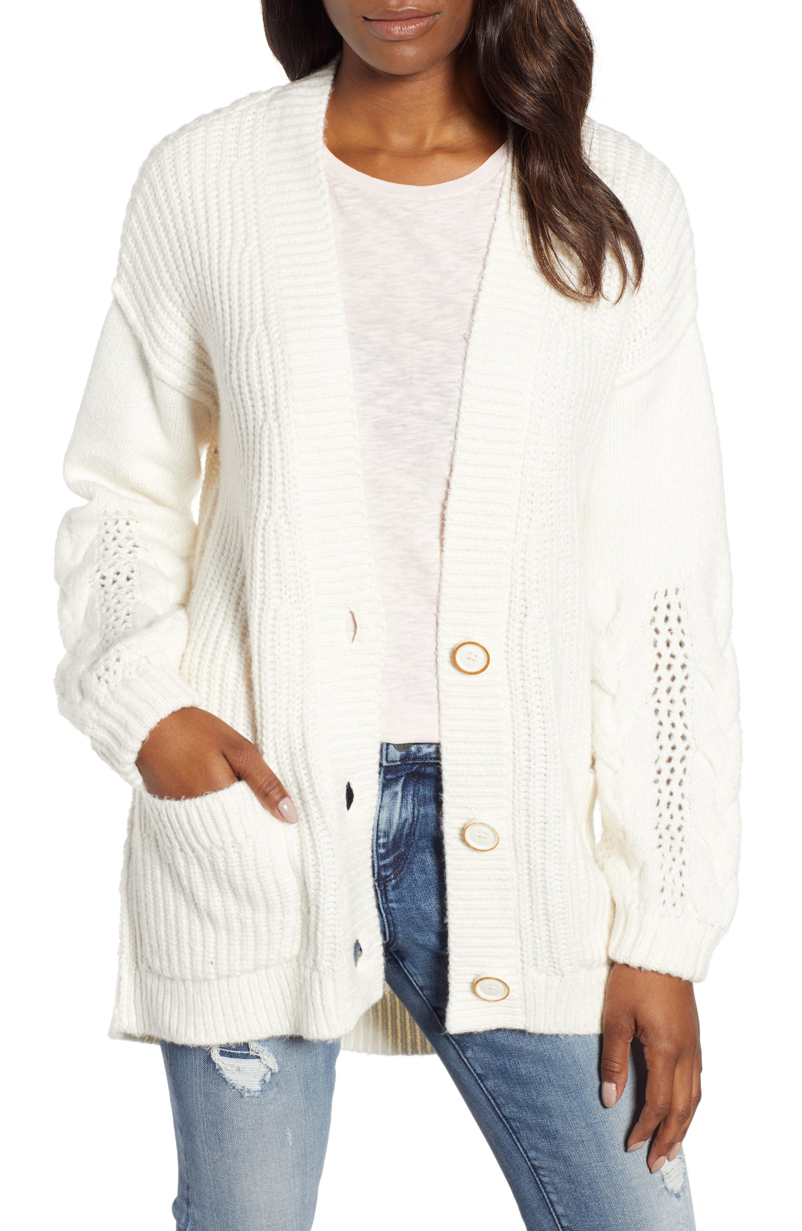 Caslon Cable Knit Sleeve Cardigan, Ivory