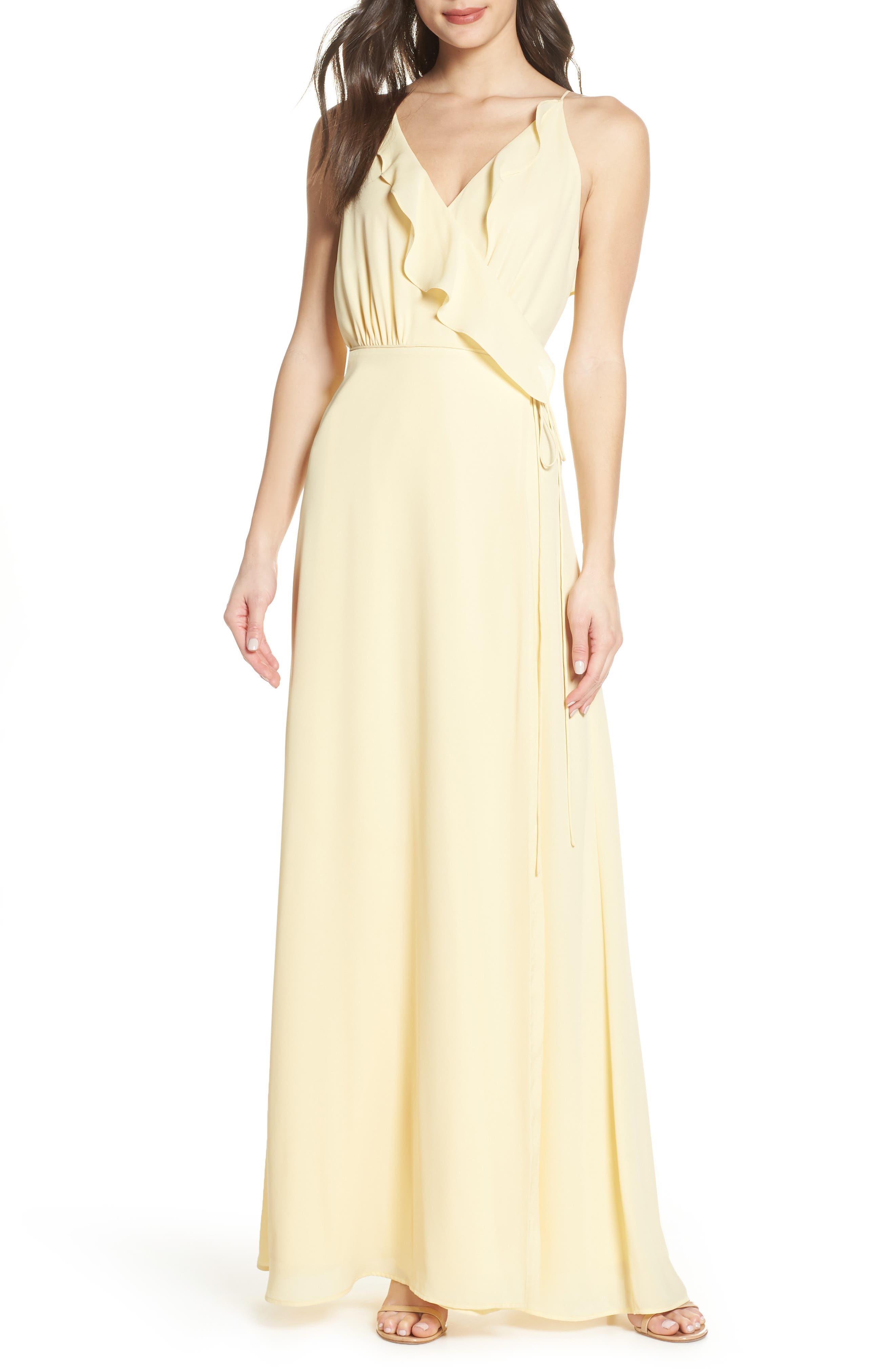 Wayf Jamie Ruffle Wrap Gown, Yellow