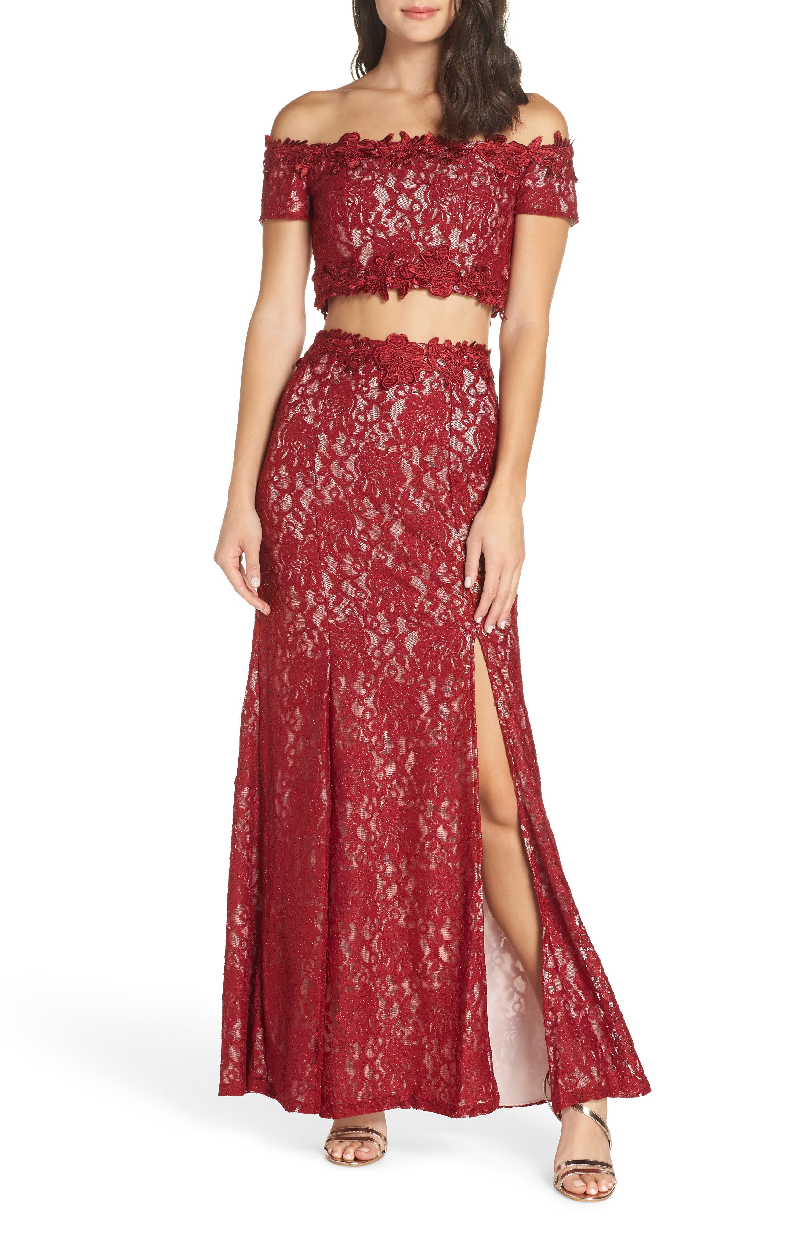 Sequin Hearts Two-Piece Off The Shoulder Lace Gown, Burgundy