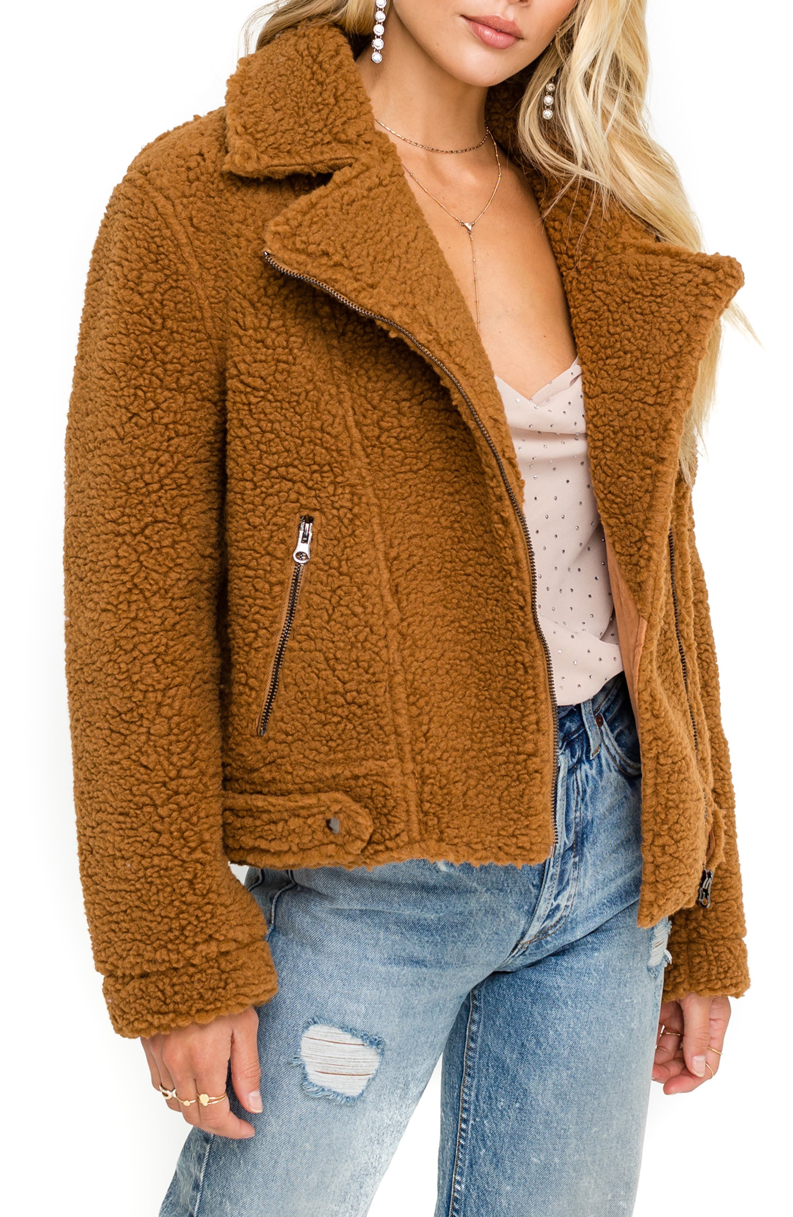 Astr The Label Brooklyn High Pile Fleece Jacket, Brown