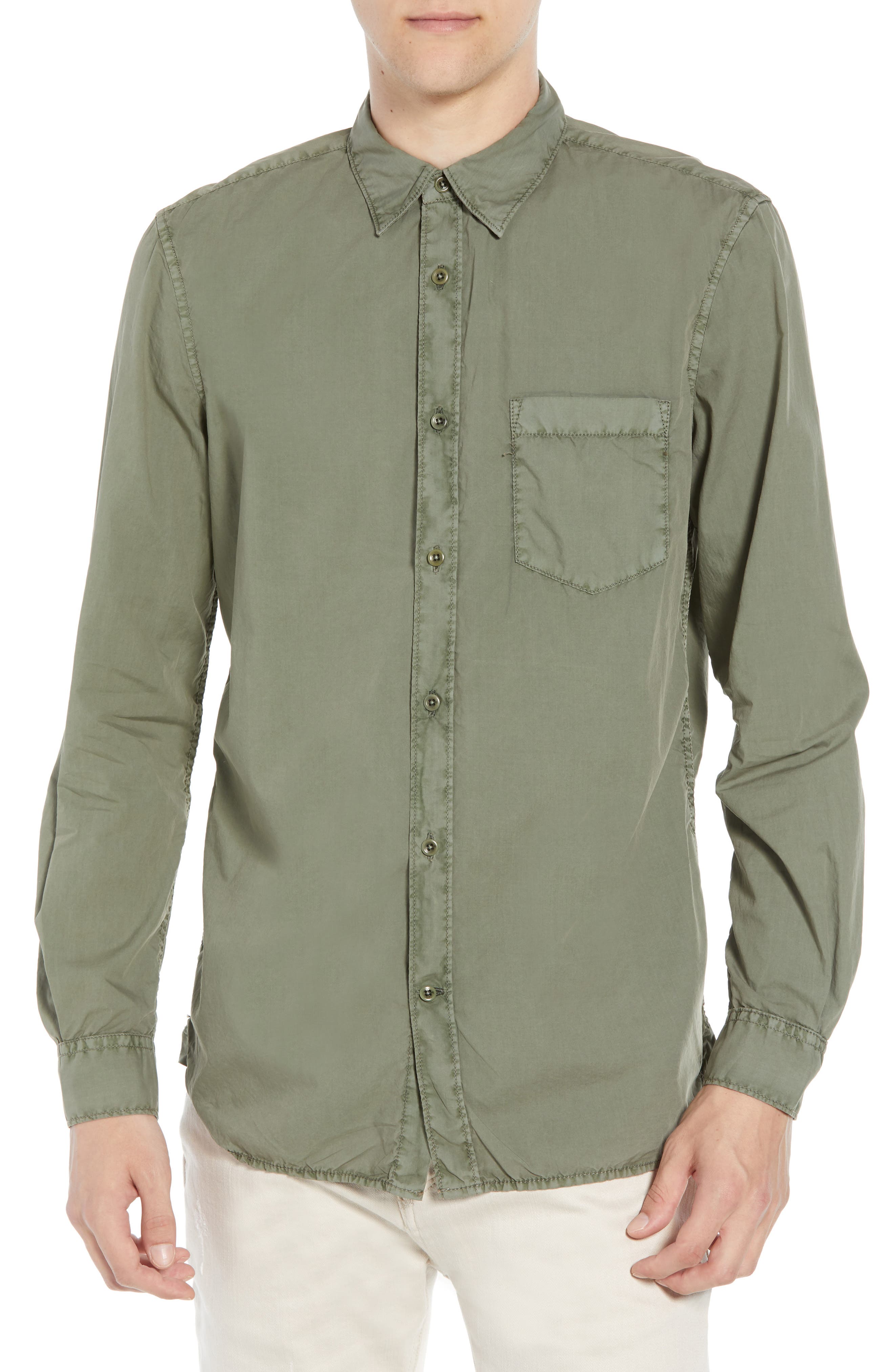 French Connection Overdyed Regular Fit Poplin Sport Shirt, Green
