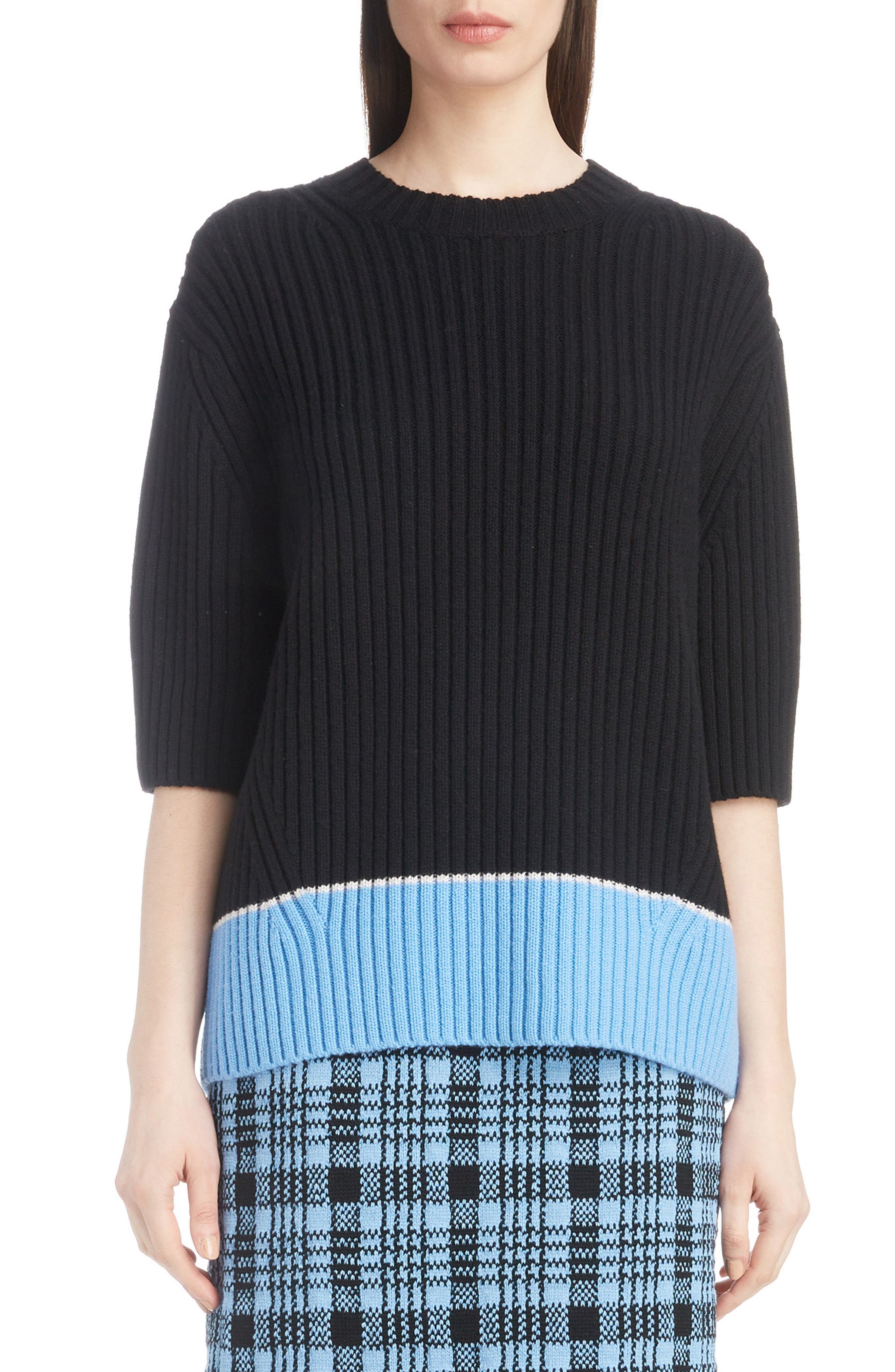 Dries Van Noten Contrast Hem Merino Wool & Cashmere Sweater, Black