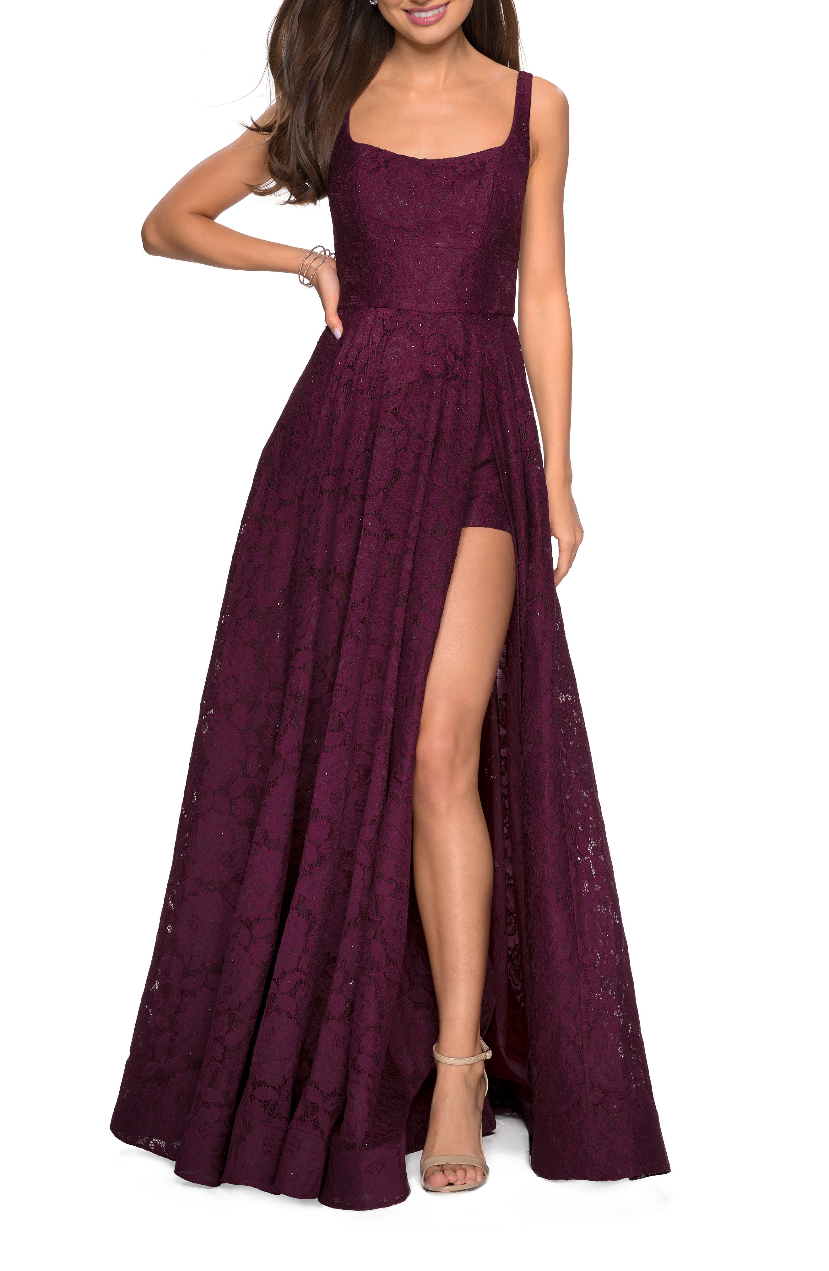 La Femme Front Slit Lace Evening Dress, Red