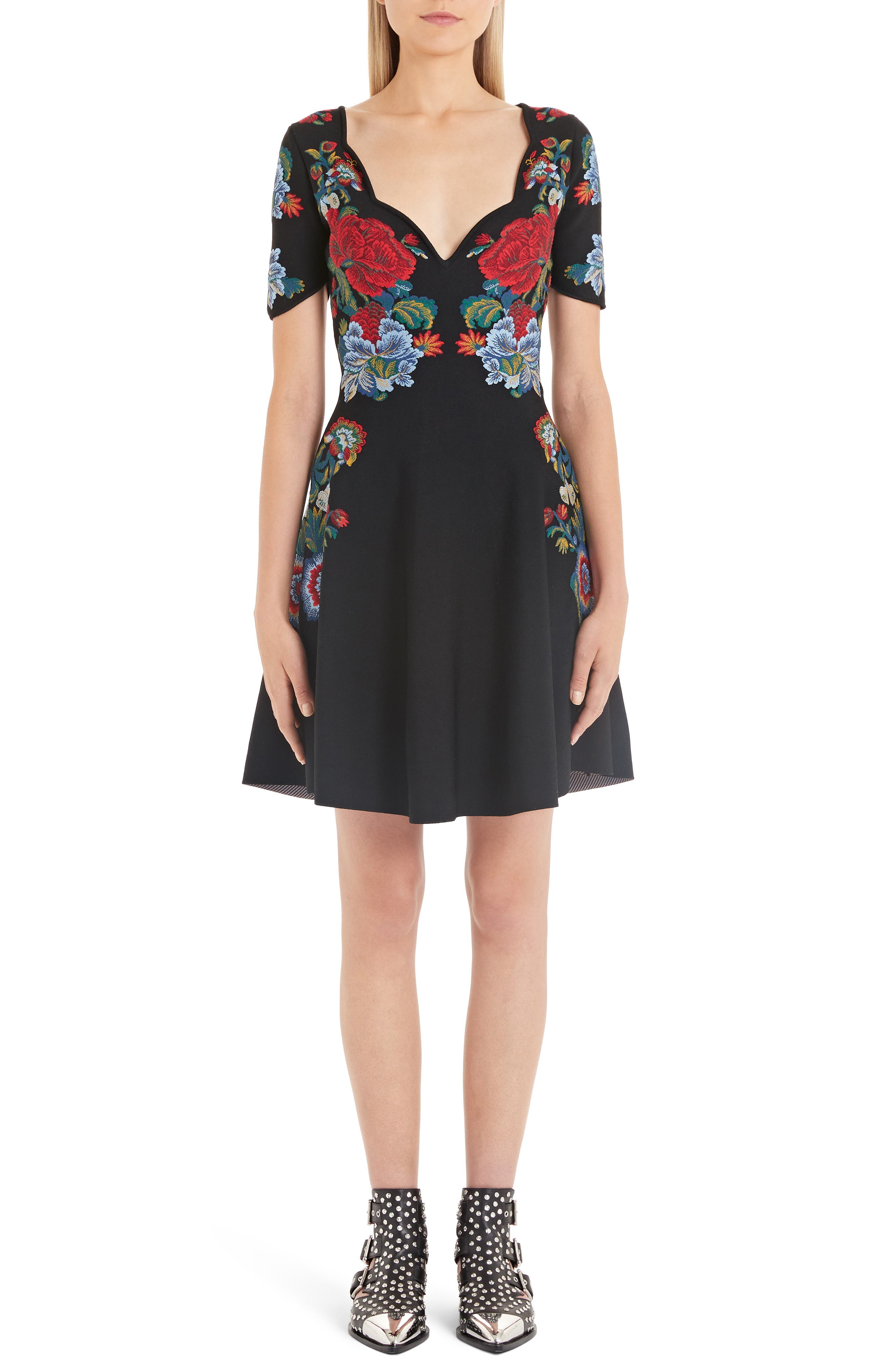 Alexander Mcqueen Floral Jacquard Fit & Flare Sweater Dress, Black