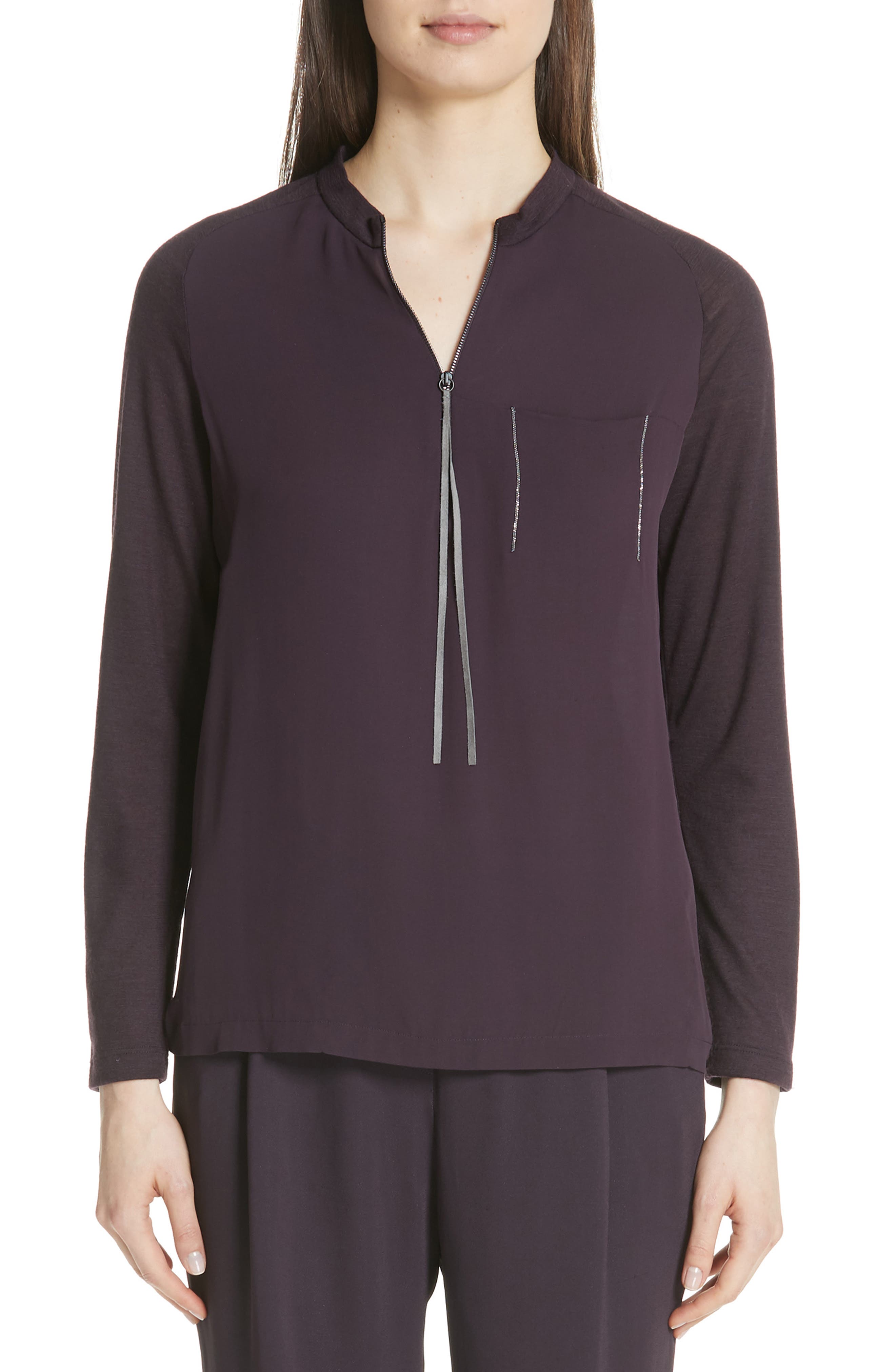 Fabiana Filippi Satin Front Merino Wool Sweater, 8 IT - Purple