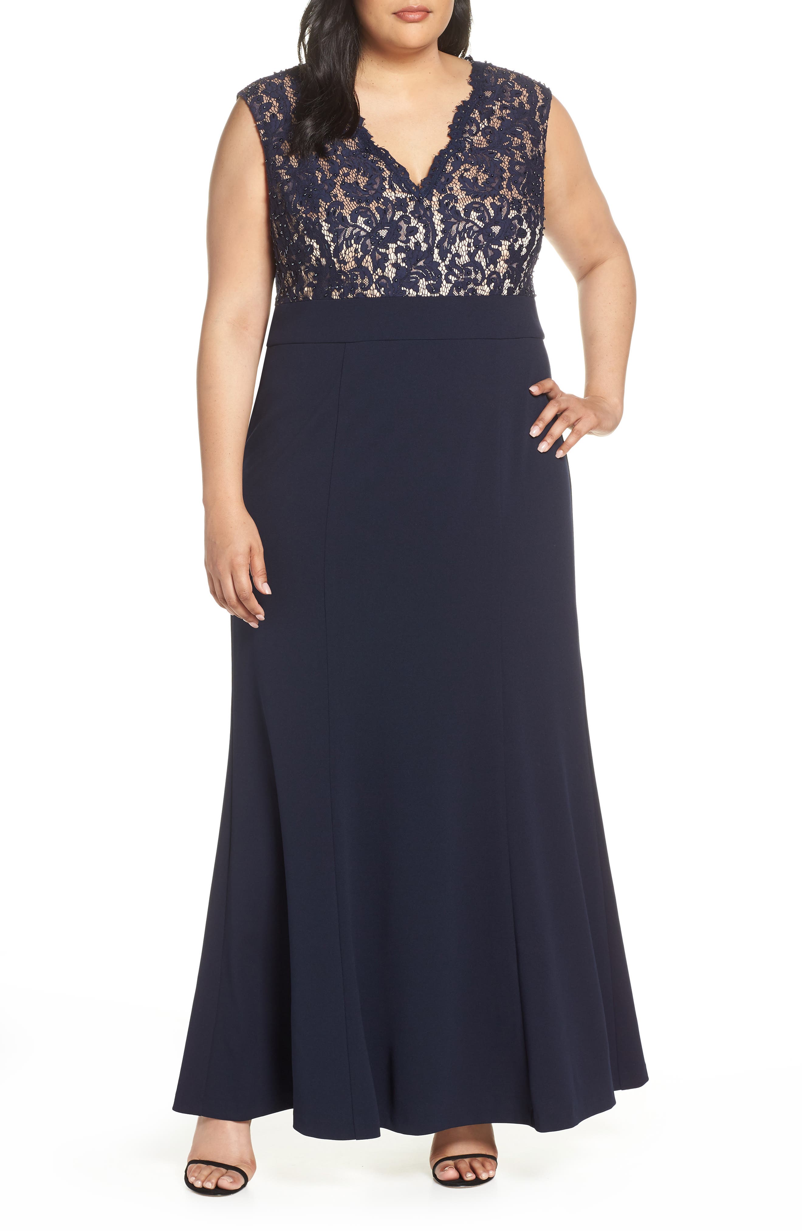 Plus Size Eliza J Lace Bodice Trumpet Dress, Blue