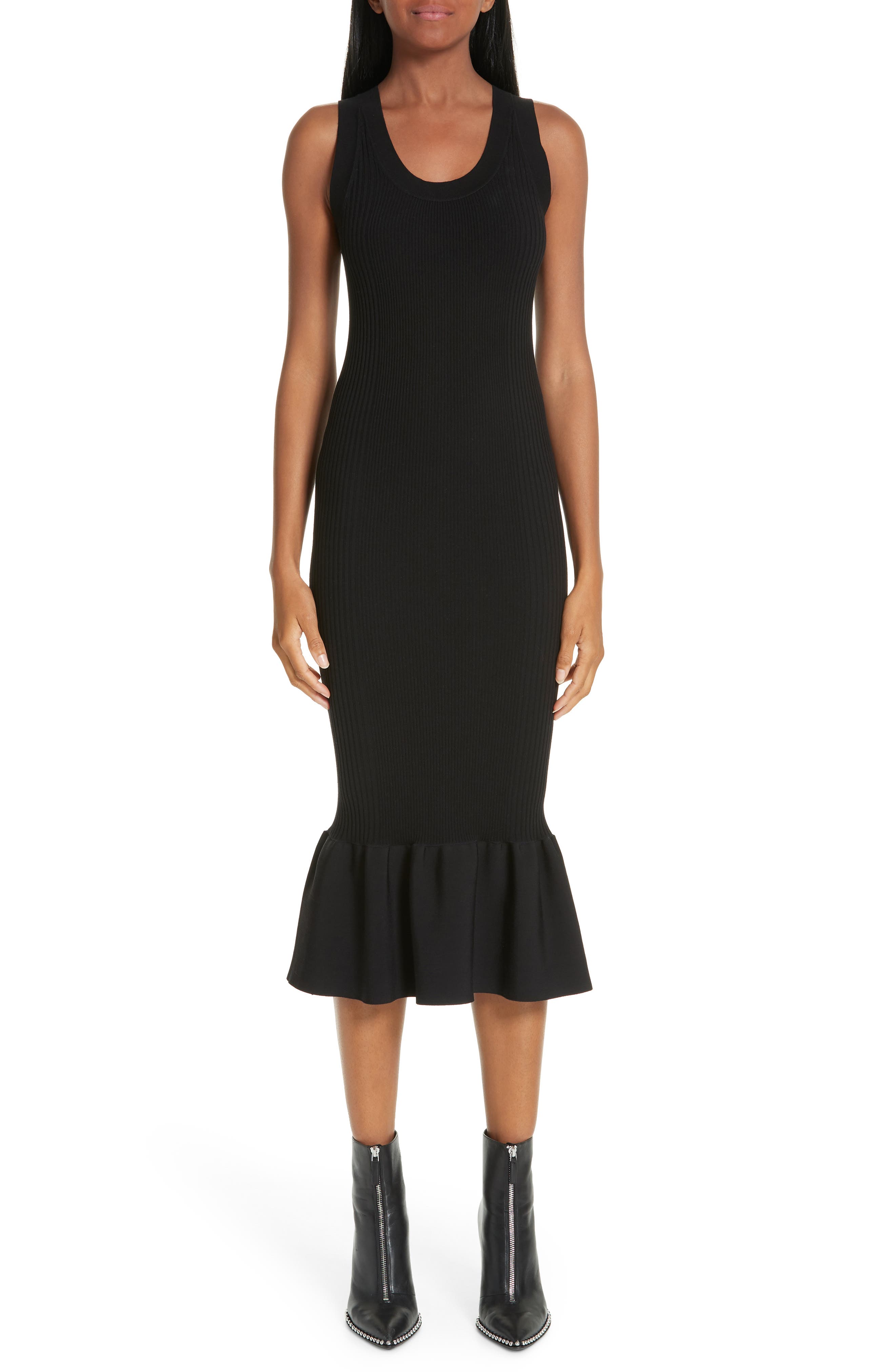 Alexander Wang Ruffle Hem Ribbed Midi Dress, Black