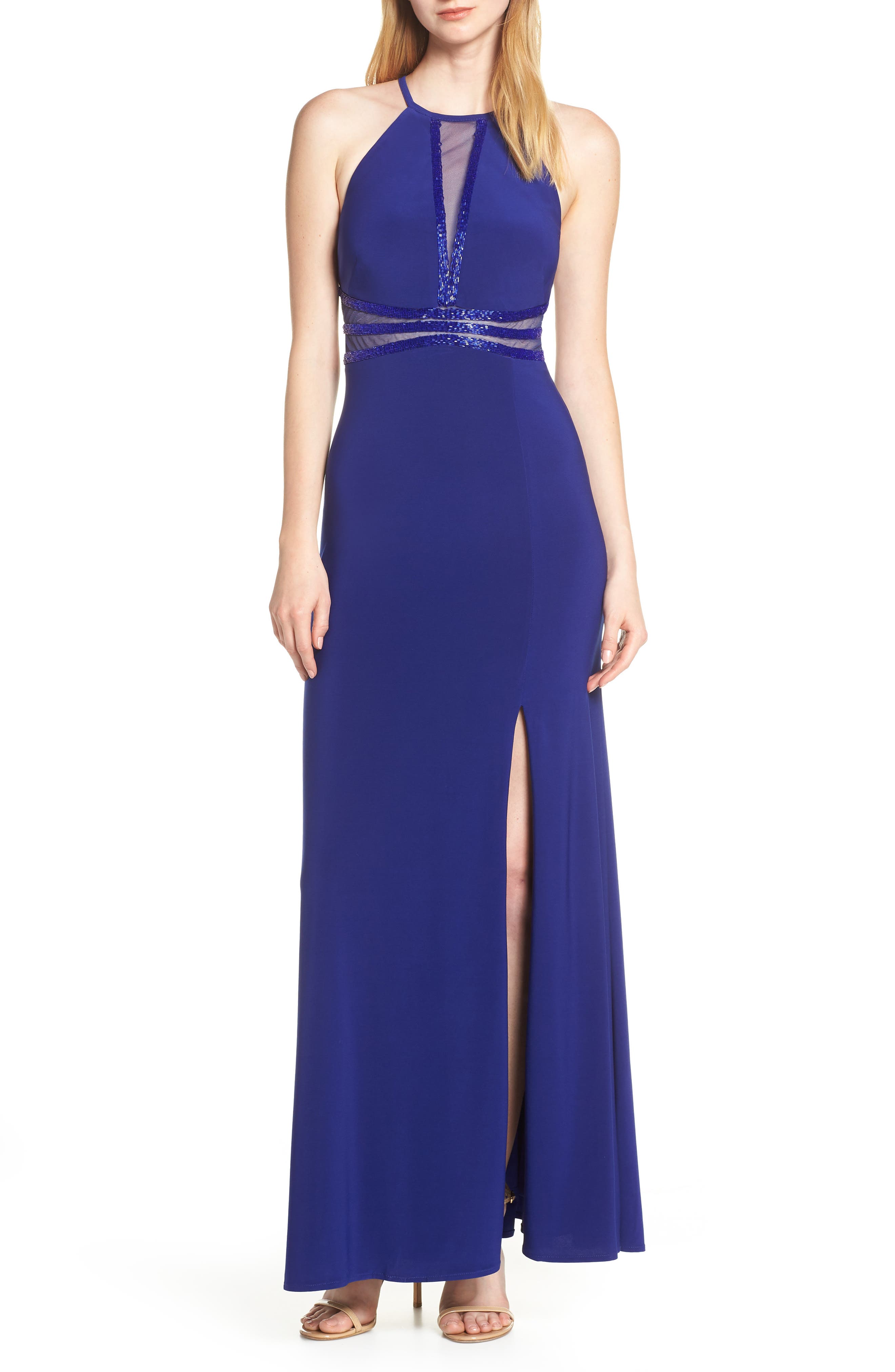 Morgan & Co. Mesh Inset Evening Dress, Blue