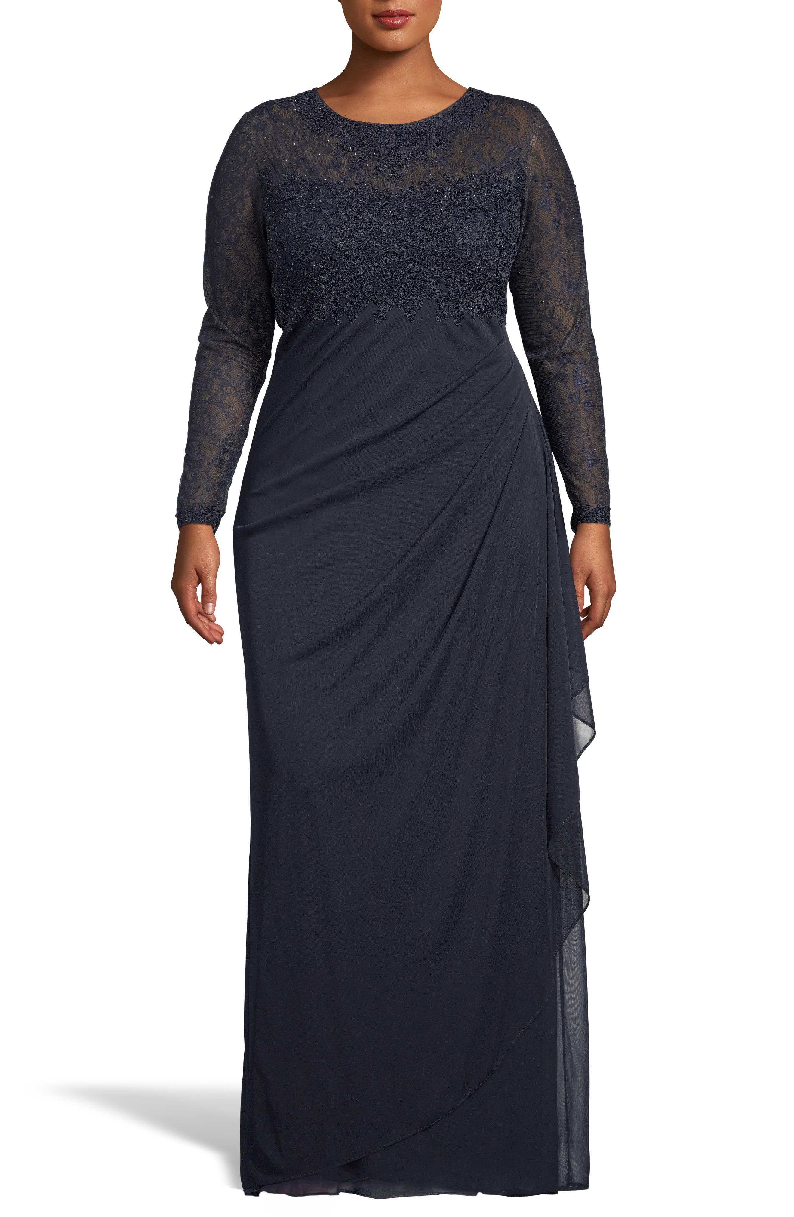 Plus Size Xscape Lace Bodice Ruched Evening Dress, Blue