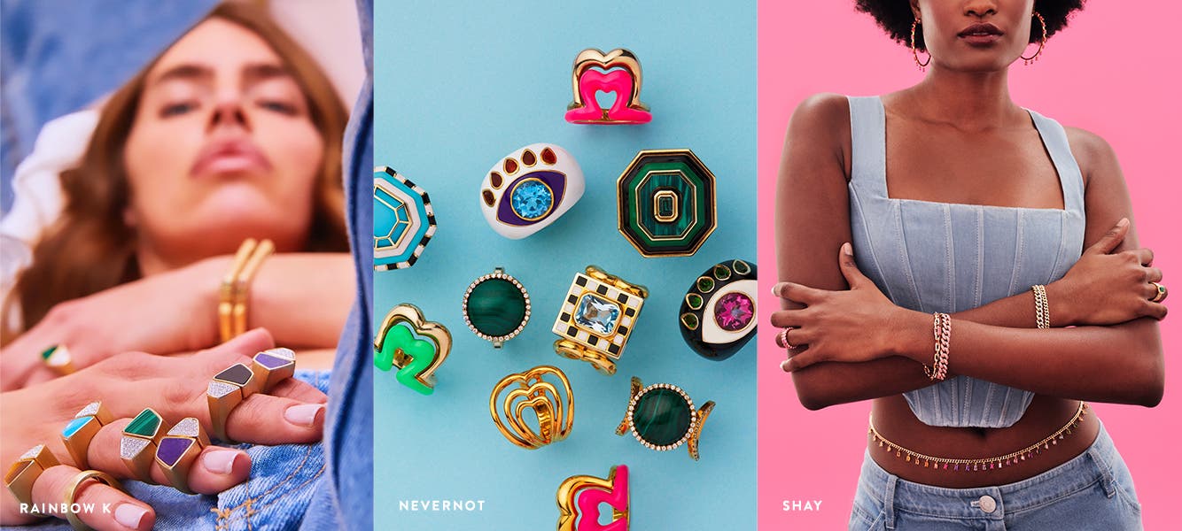 Woman wearing multiple rings in bright colors and unique shapes from Rainbow K. An assortment of bright enamel rings from NeverNoT. Woman wearing hoop earrings, rings, bracelets and a belly chain with colorful stones from SHAY. Woman with large blue Bony Levy ring.