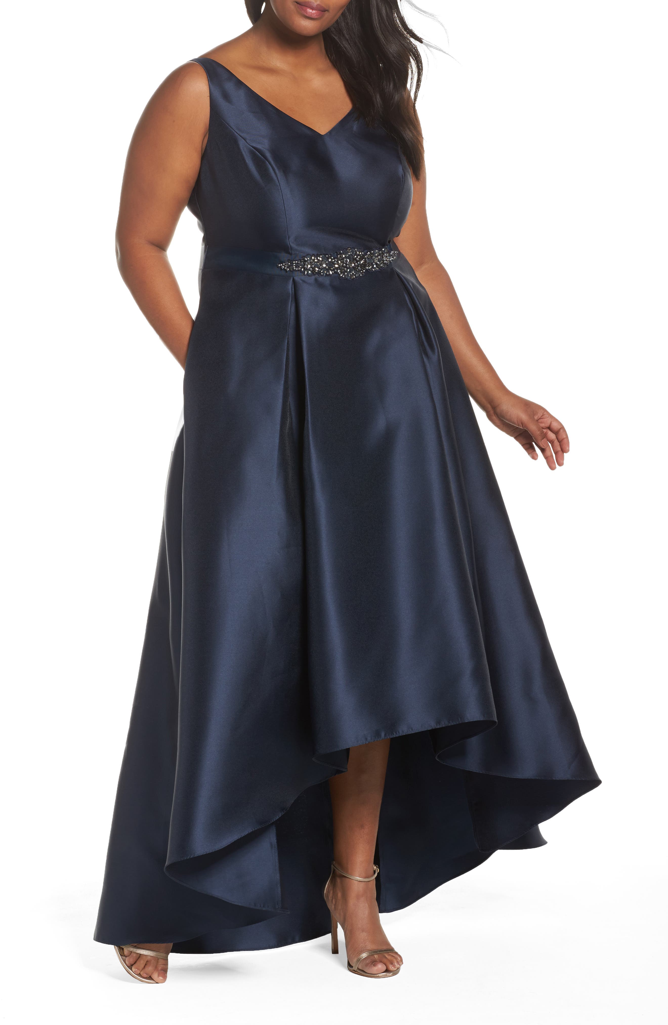 Plus Size Adrianna Papell V-Neck High/low Mikado Ballgown, Blue