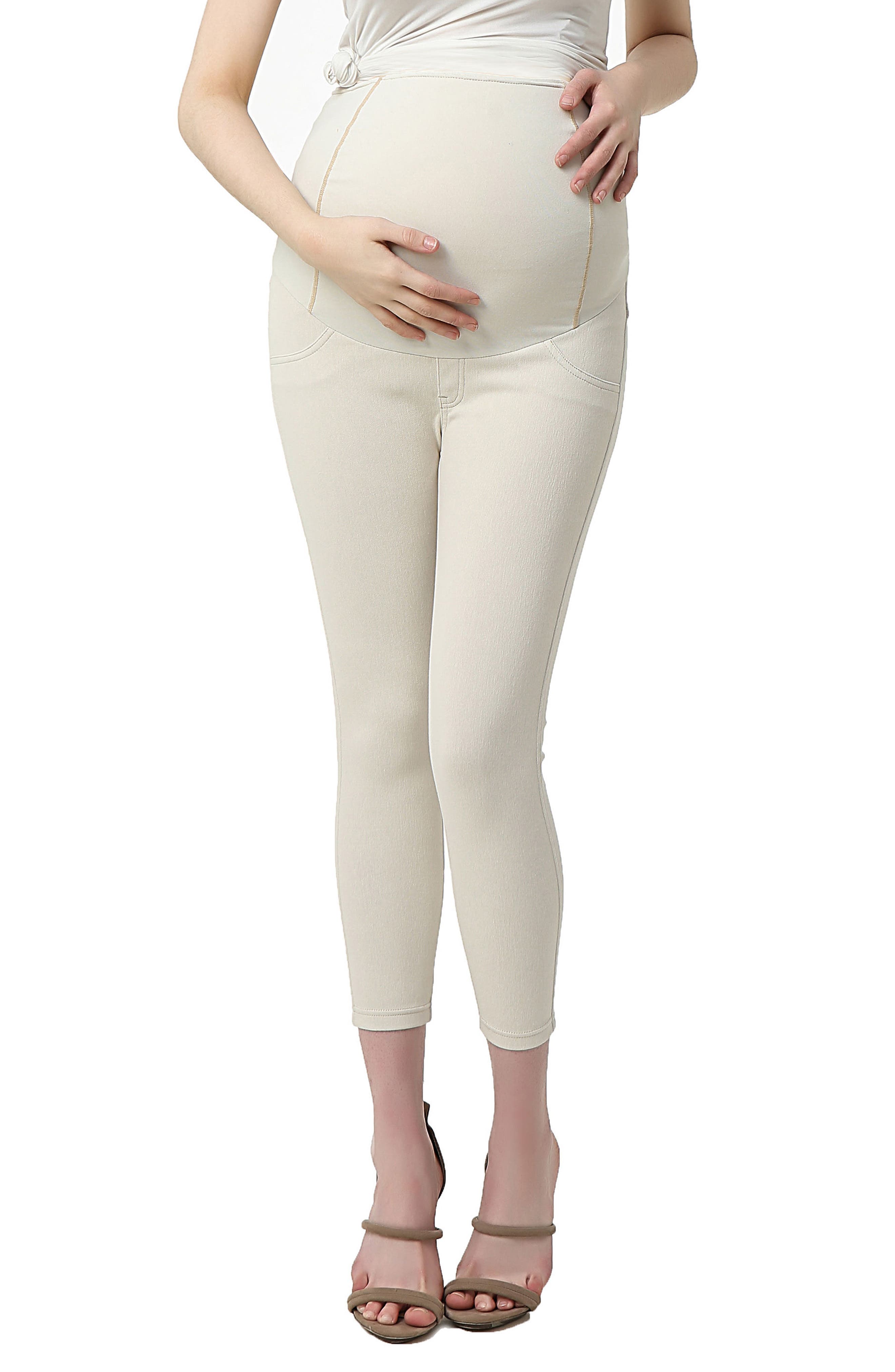 Kimi And Kai Tia Cropped Denim Maternity Leggings, Beige