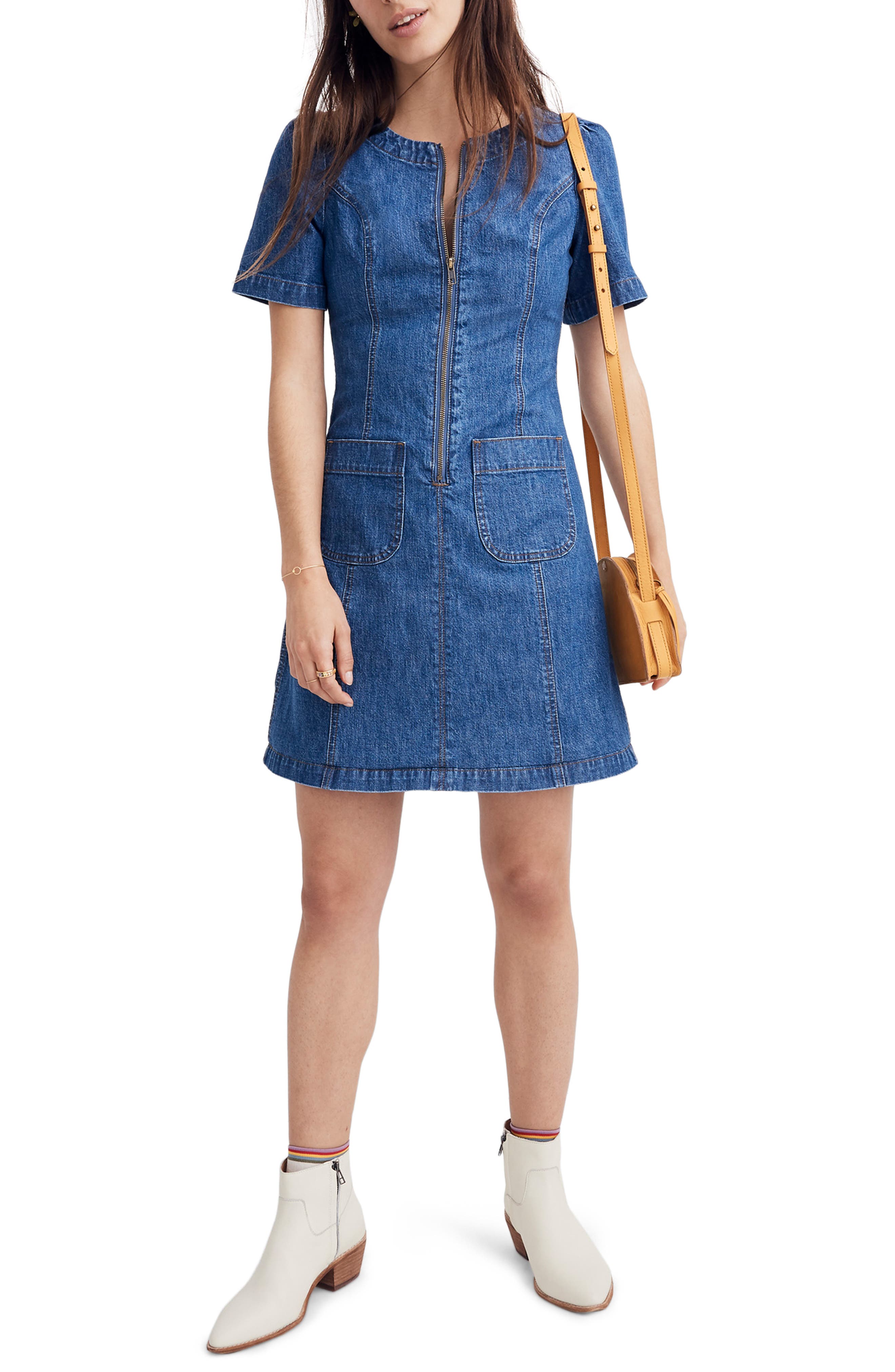 Madewell Denim A-Line Zip Front Dress, Blue