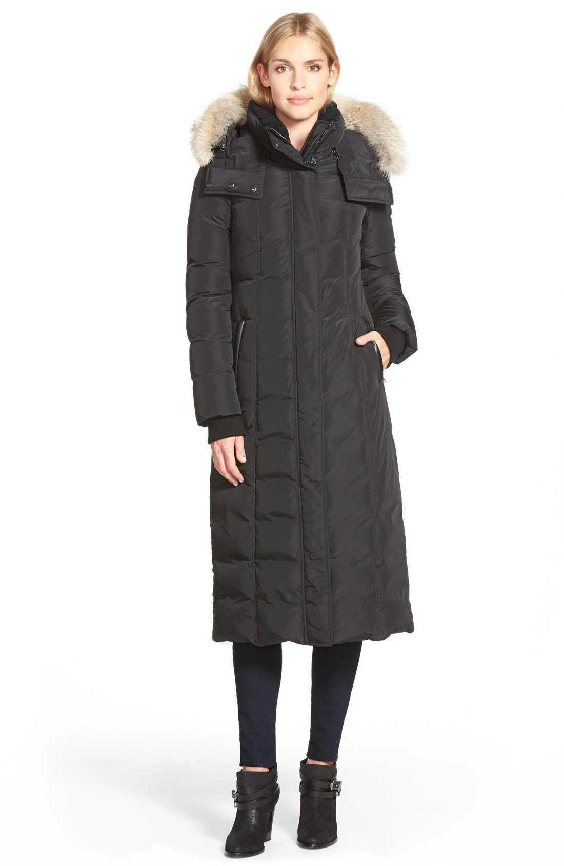 Mackage Long Down Coat With Genuine Coyote Fur & Shearling Trim, Black