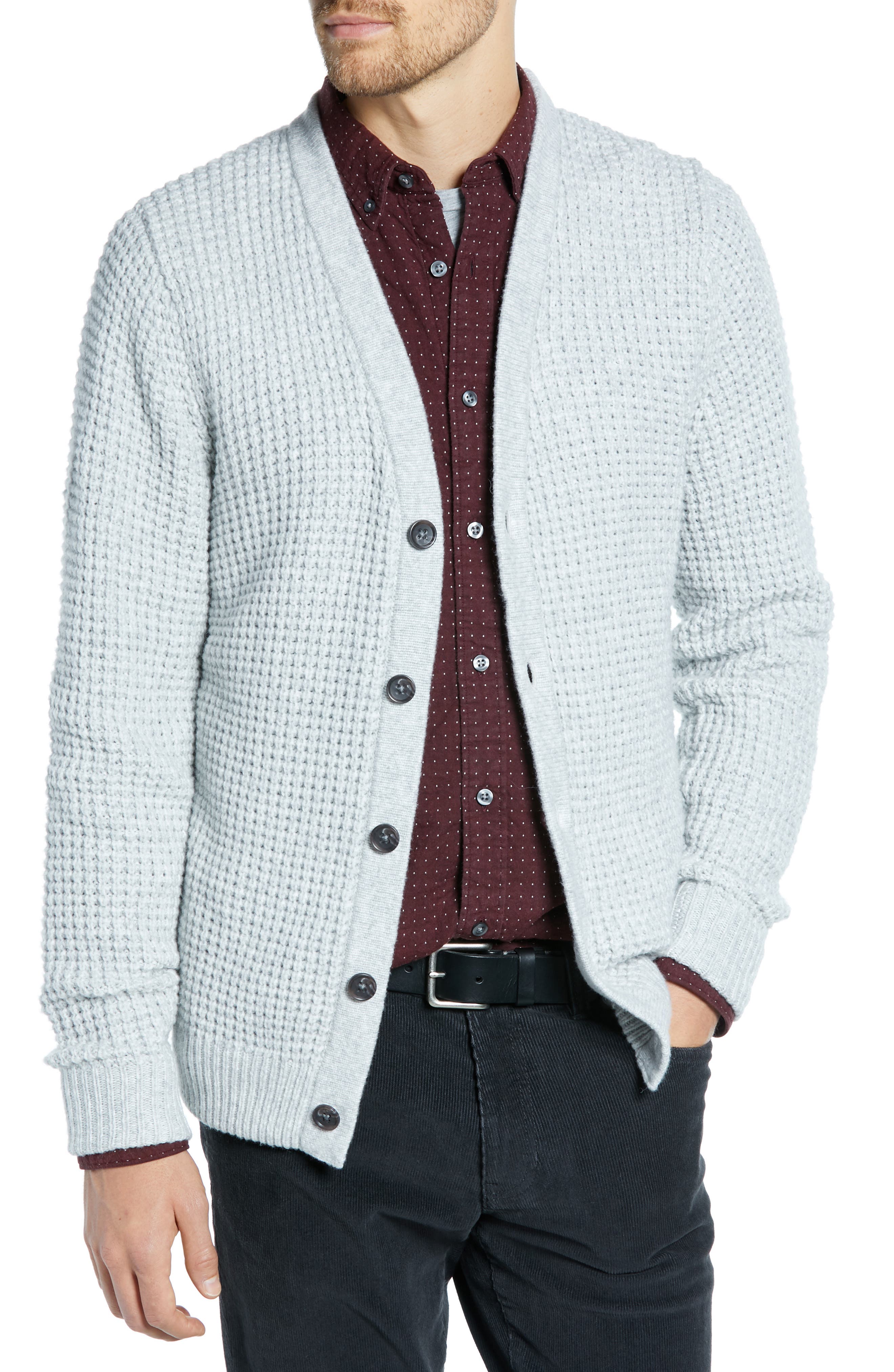 1901 Regular Fit Waffle Knit Cardigan, Grey