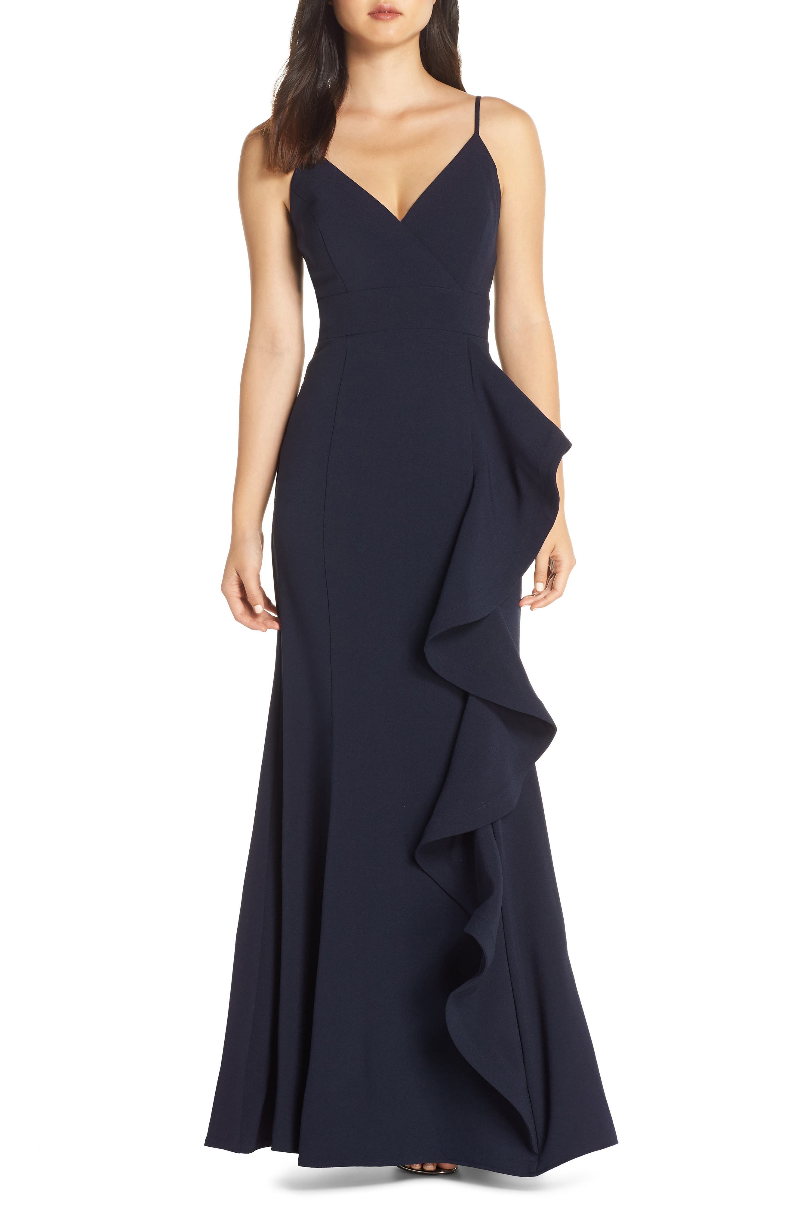 Petite Eliza J Cascade Ruffle Gown, Blue