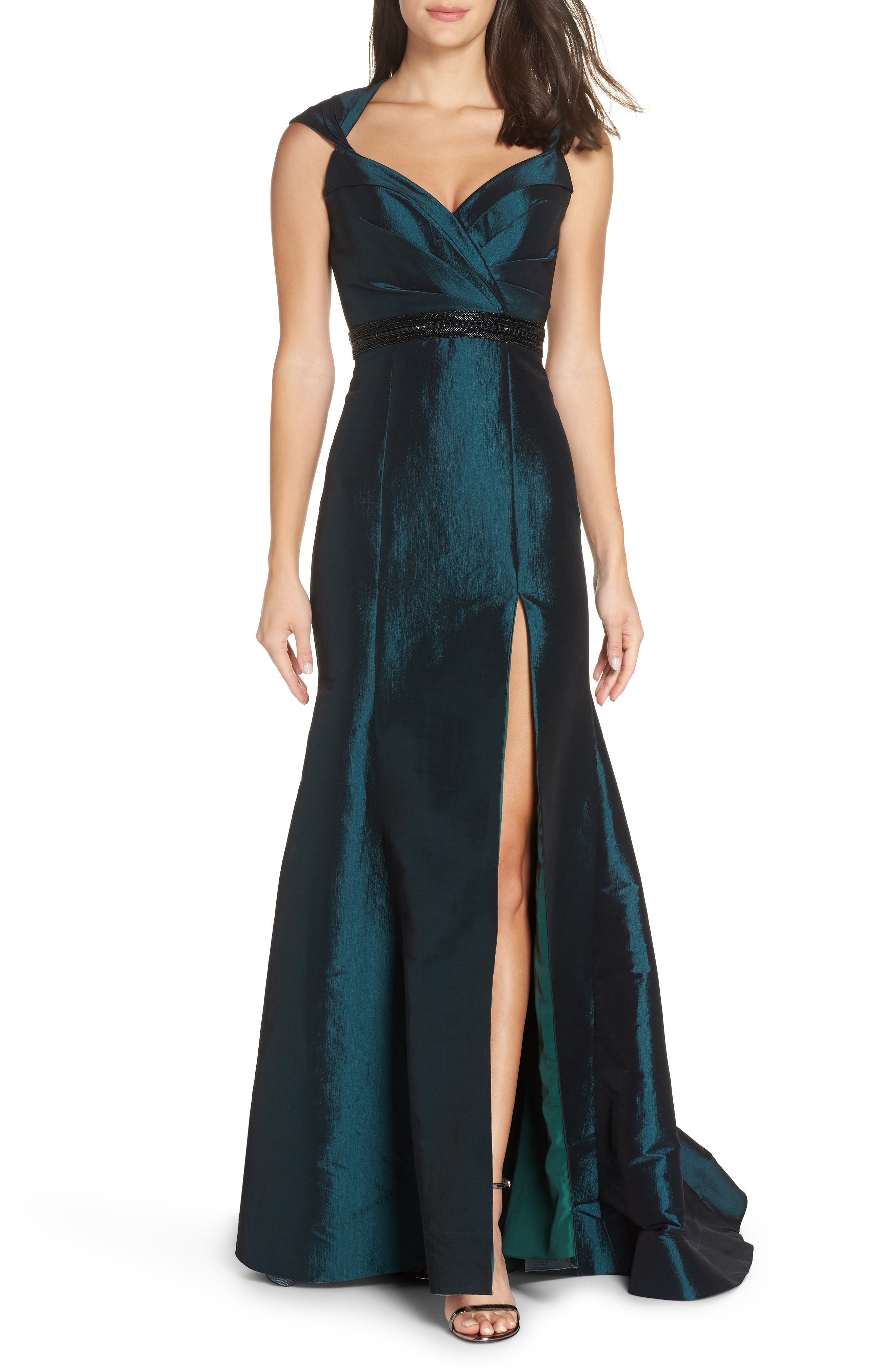 MAC Duggal Side Slit Taffeta Trumpet Gown, Green