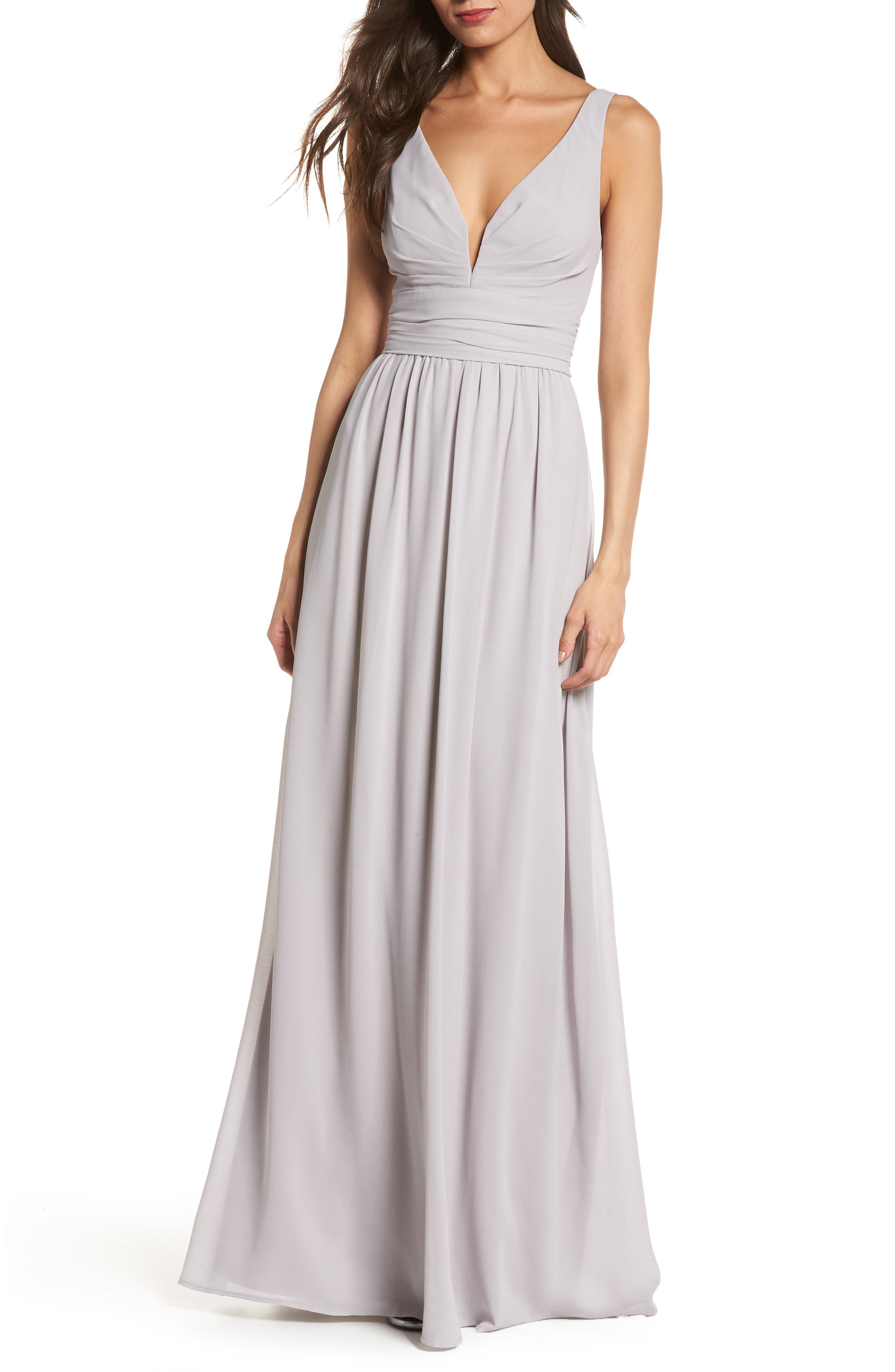 Lulus V-Neck Chiffon Gown, Grey