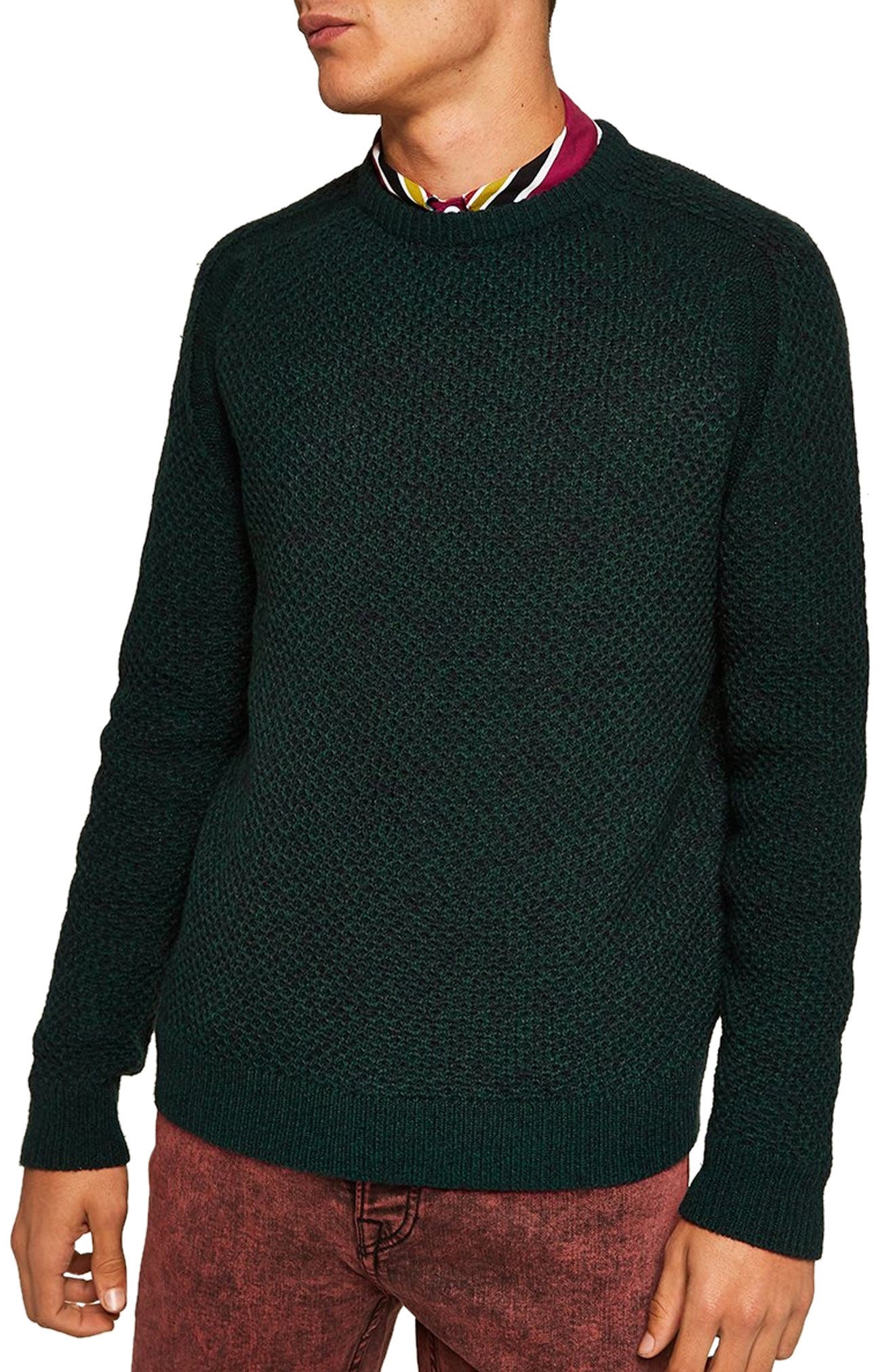Topman Honeycomb Classic Fit Crewneck Sweater, Green