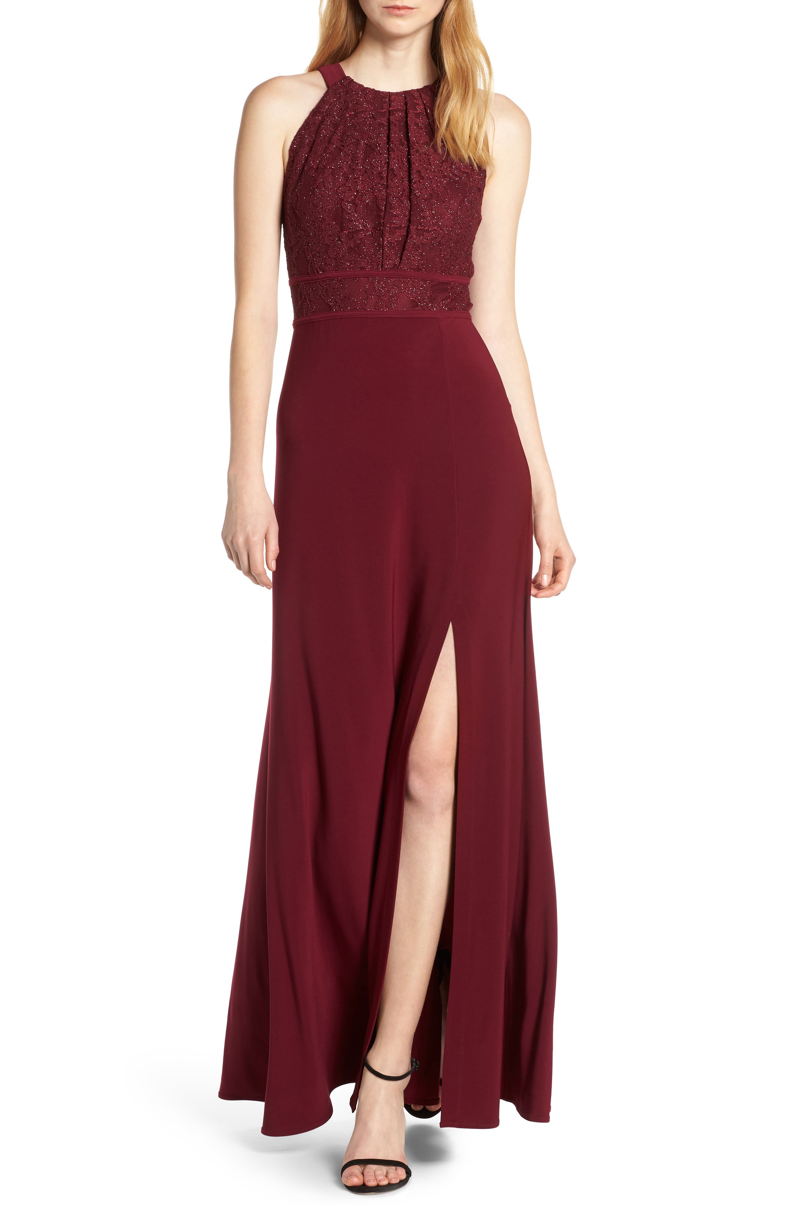 Morgan & Co. Pleat Lace Bodice Evening Dress, /4 - Burgundy