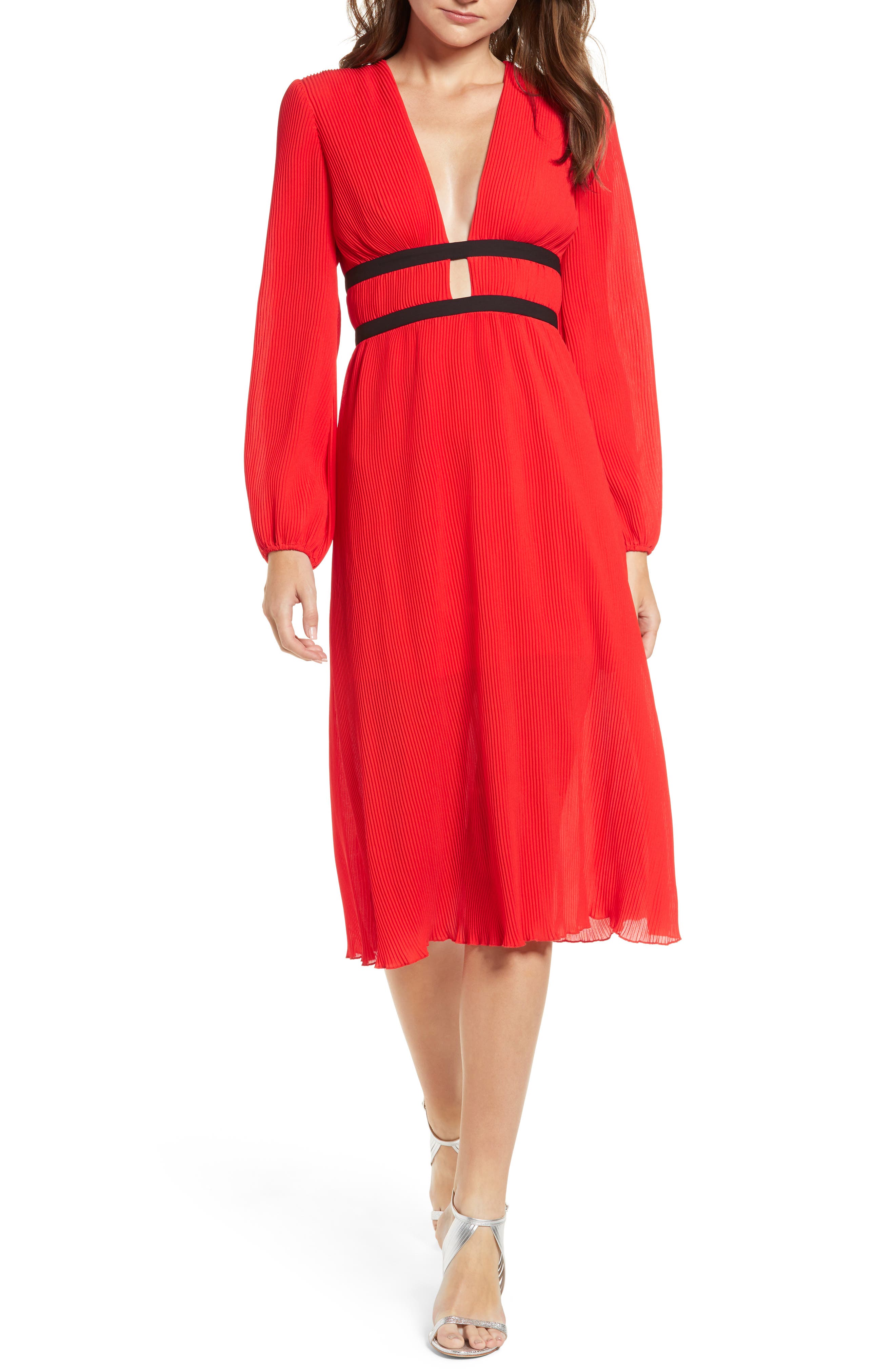 Wayf Patton Plunge Plisse Dress, Red