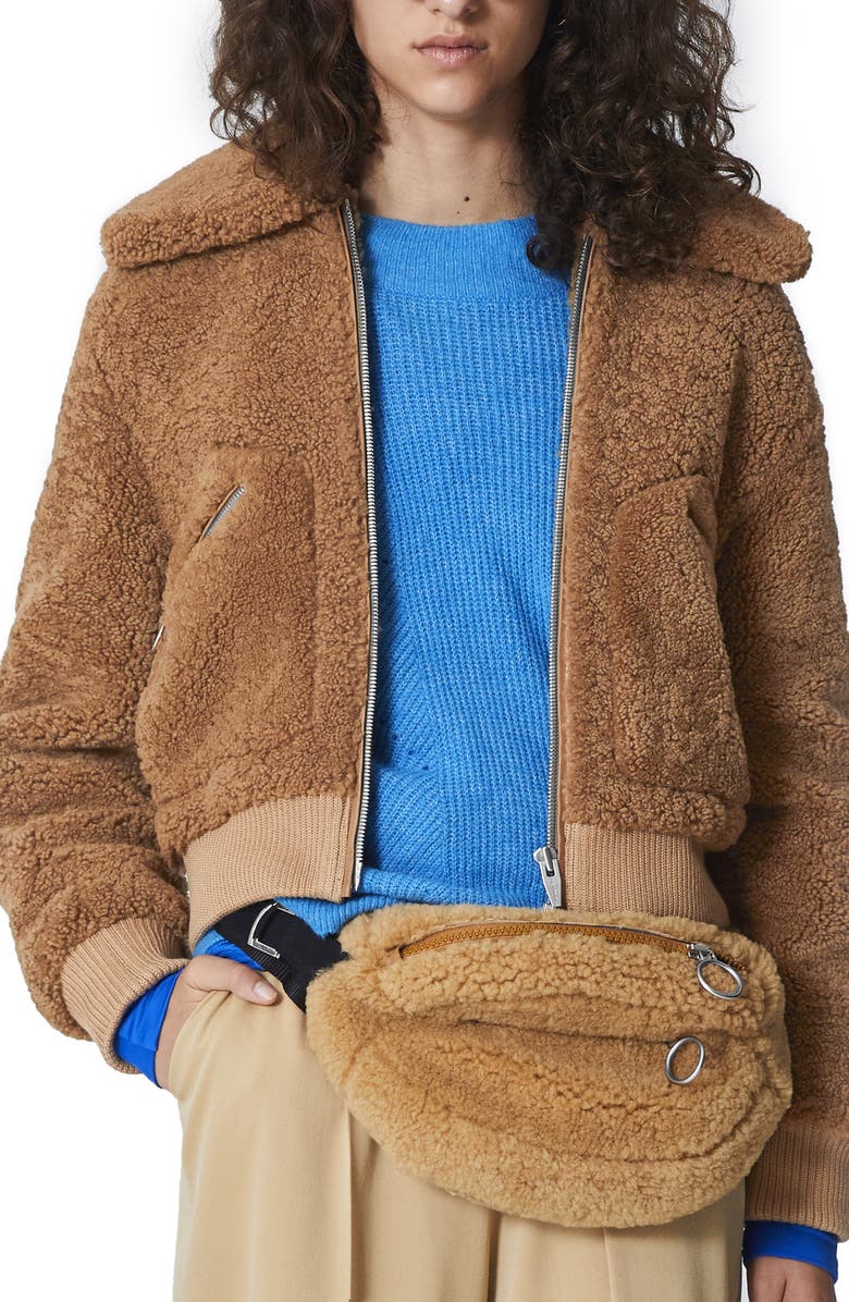 Kala Genuine Shearling Bomber Jacket, Main, color, TERRA