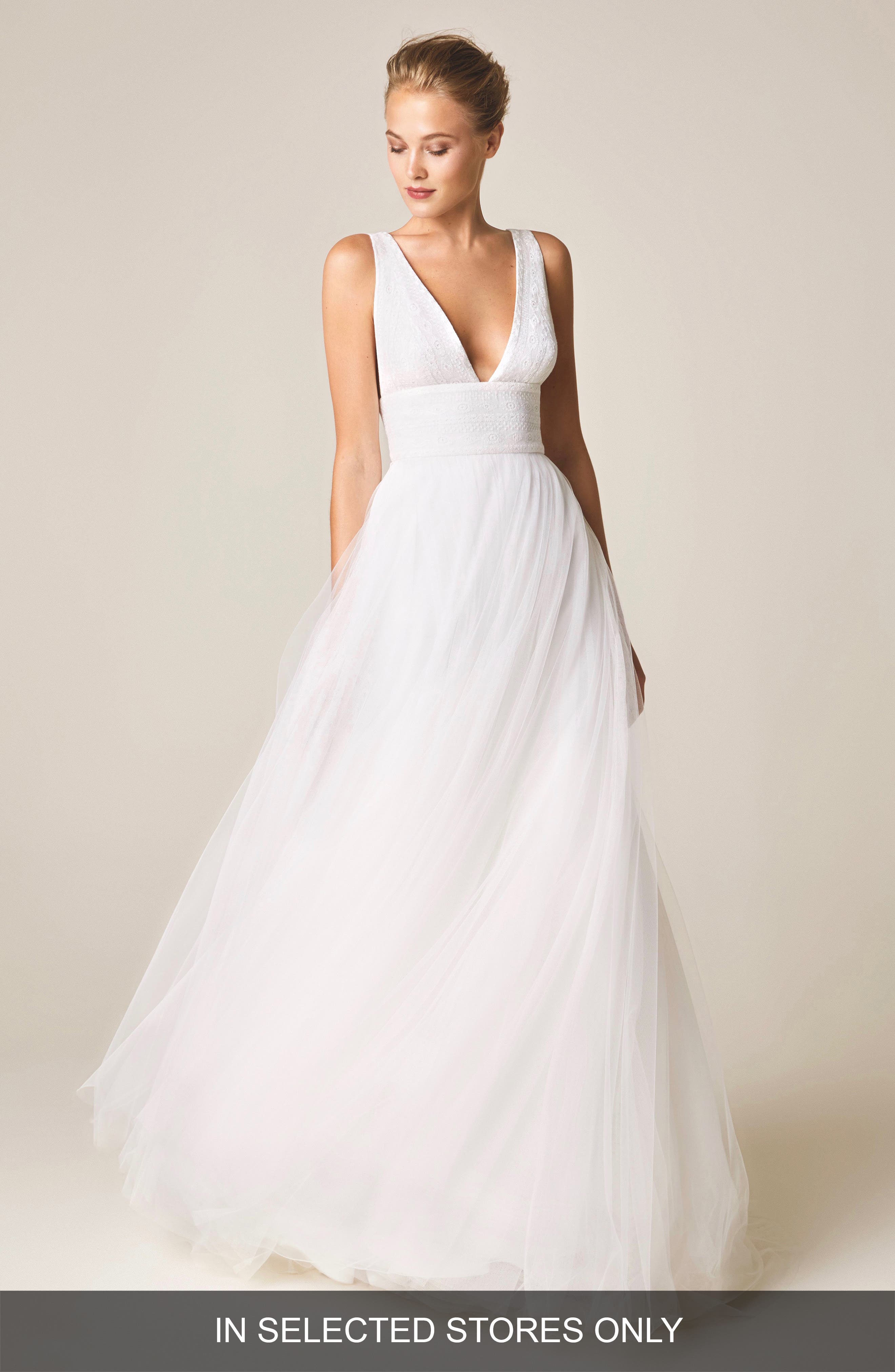 Jesus Peiro V-Neck Wedding Dress With Tulle Skirt, Size IN STORE ONLY - White
