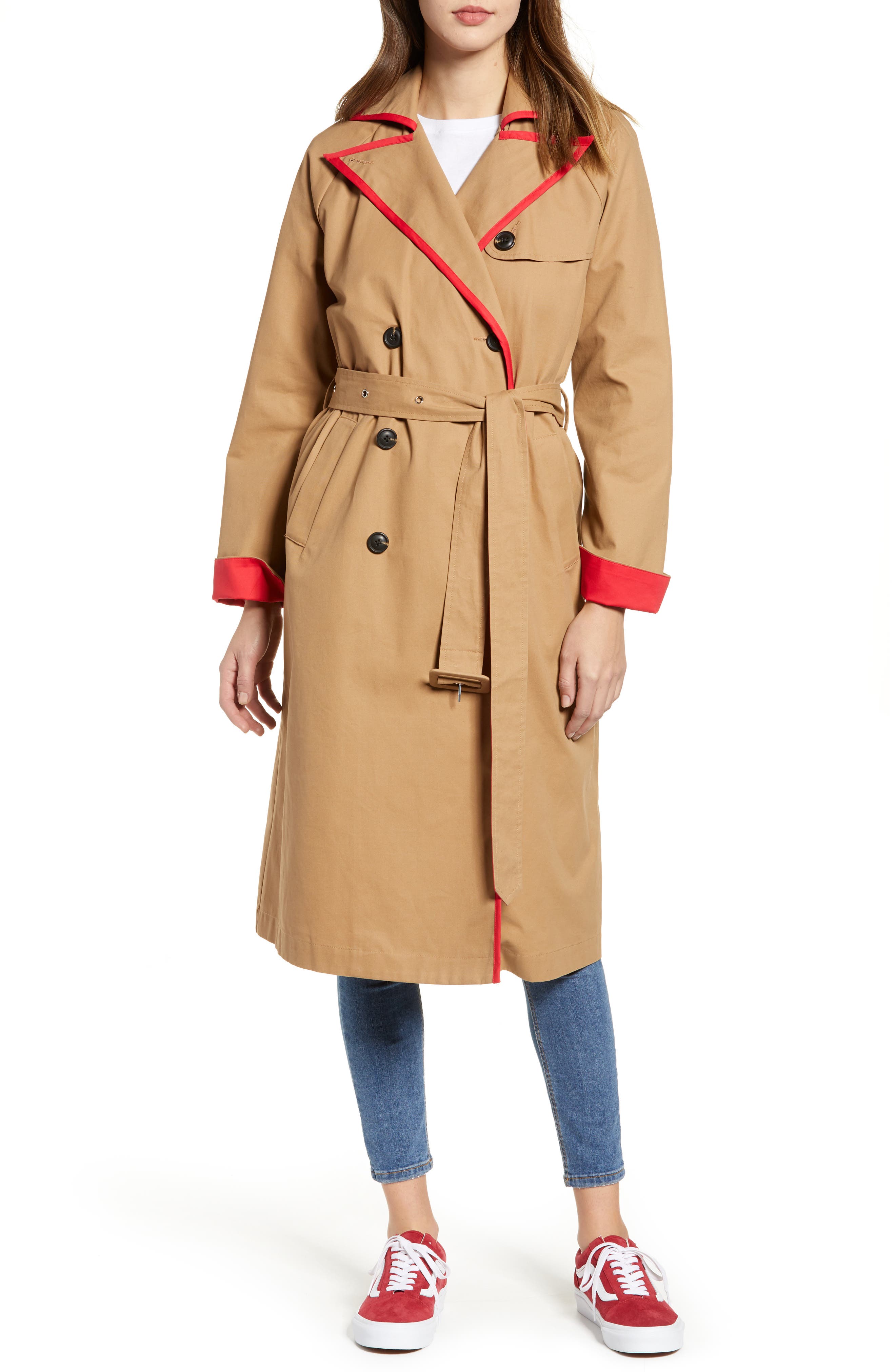 English Factory Contrast Binding Trench Coat, Brown