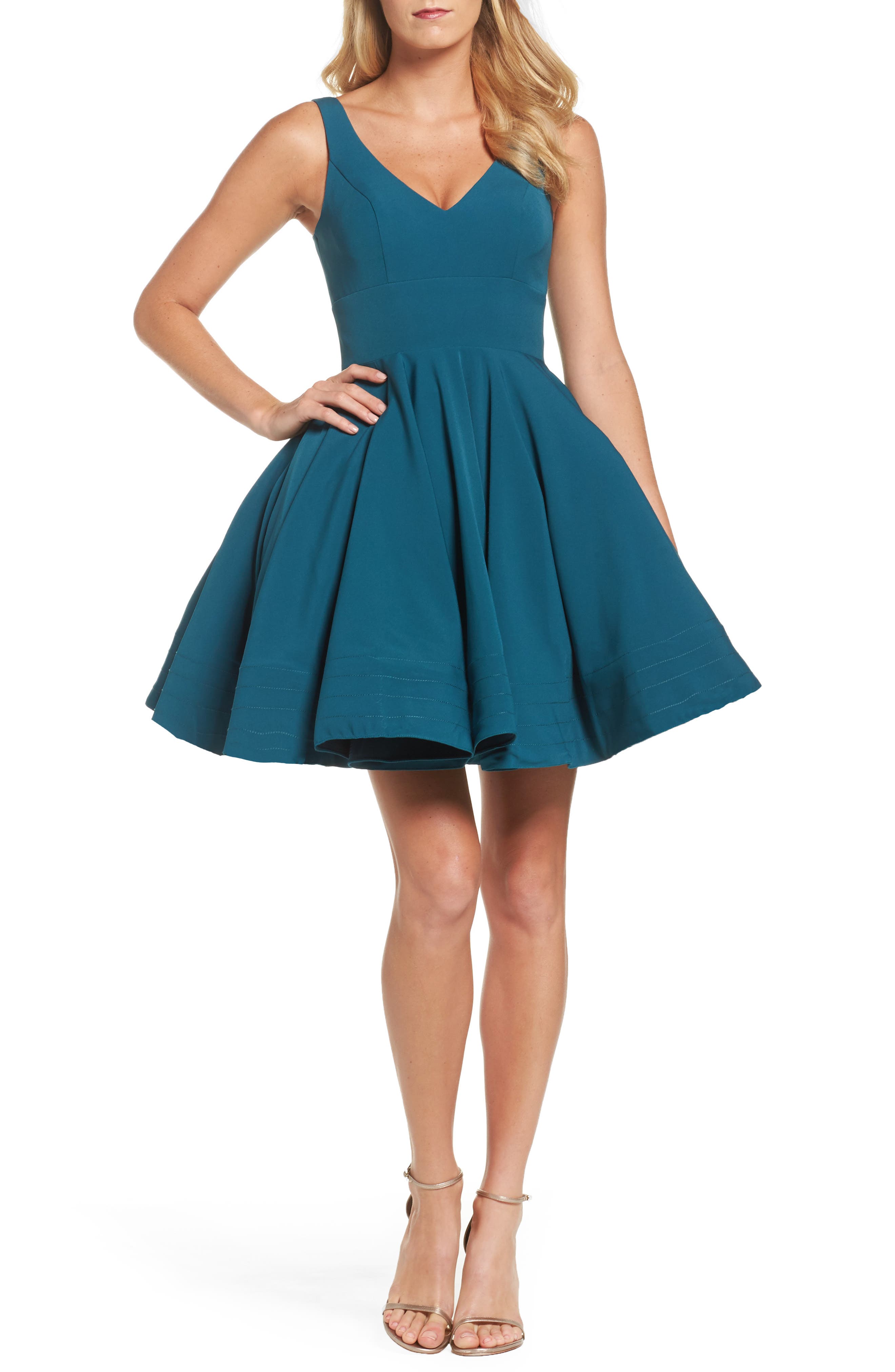Ieena For MAC Duggal Double V-Neck Fit & Flare Party Dress, Green