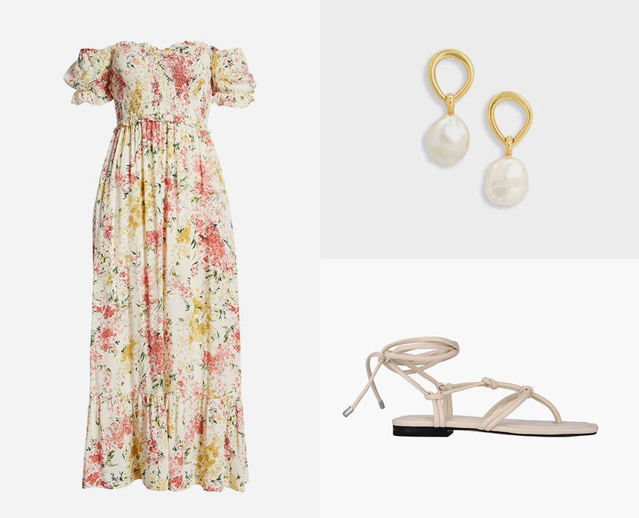 A floral-print off-the-shoulder dress, pearl earrings and tan sandals.