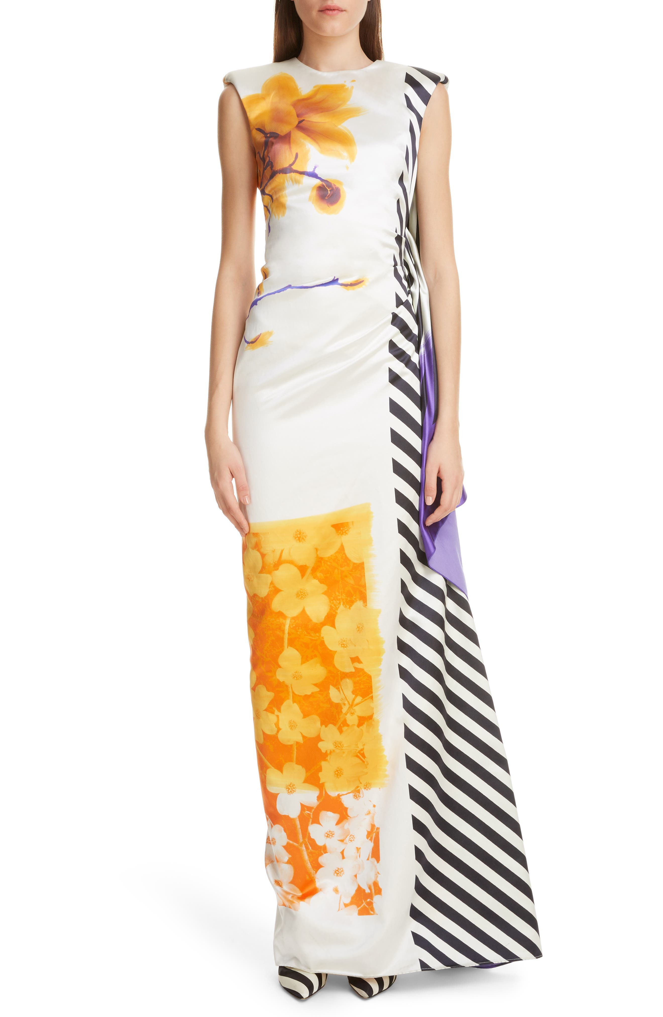 Dries Van Noten Hand Painted Floral Evening Dress, 8 FR - White