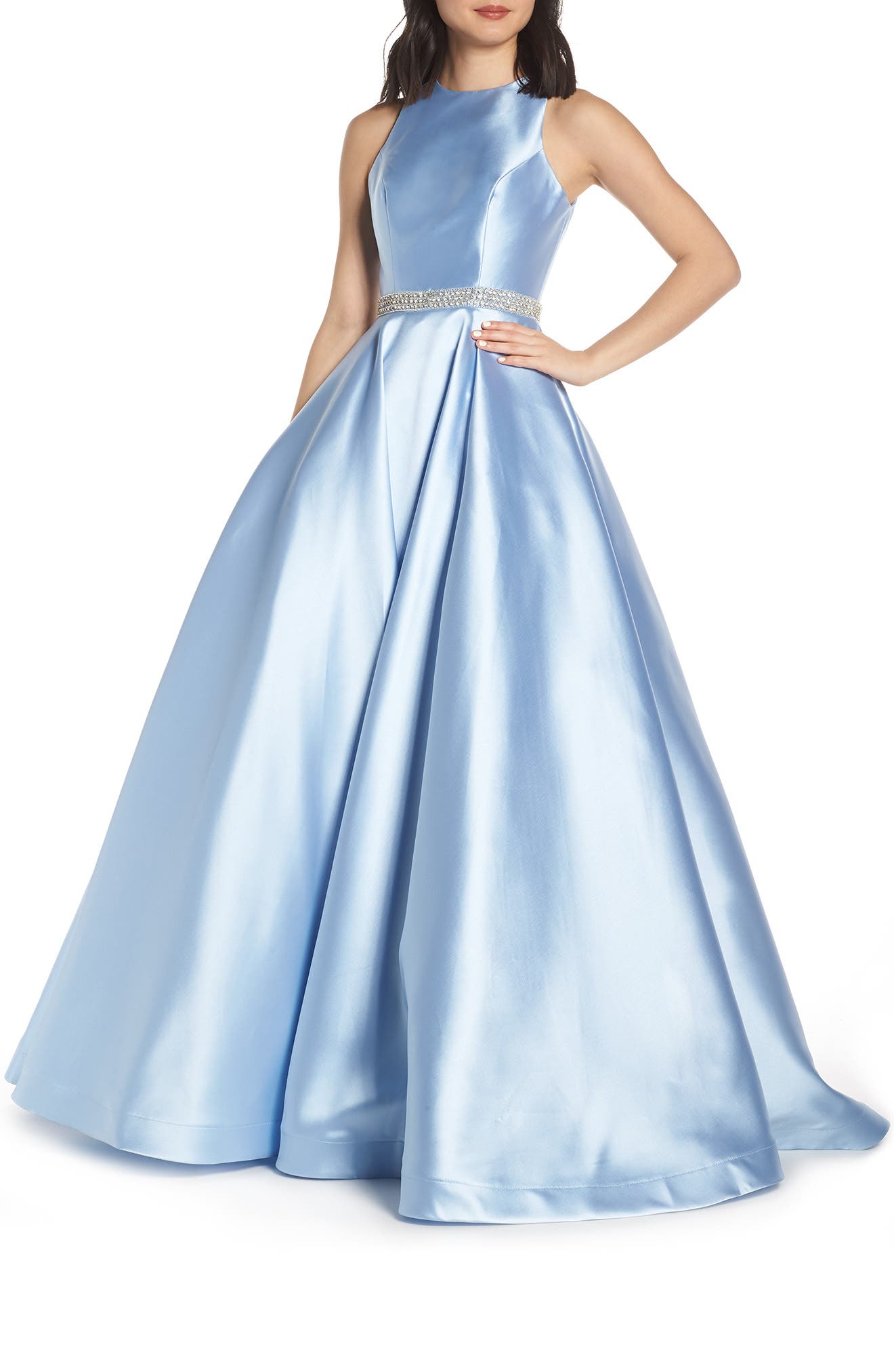 MAC Duggal Jeweled Waist Satin Twill Evening Dress, Blue