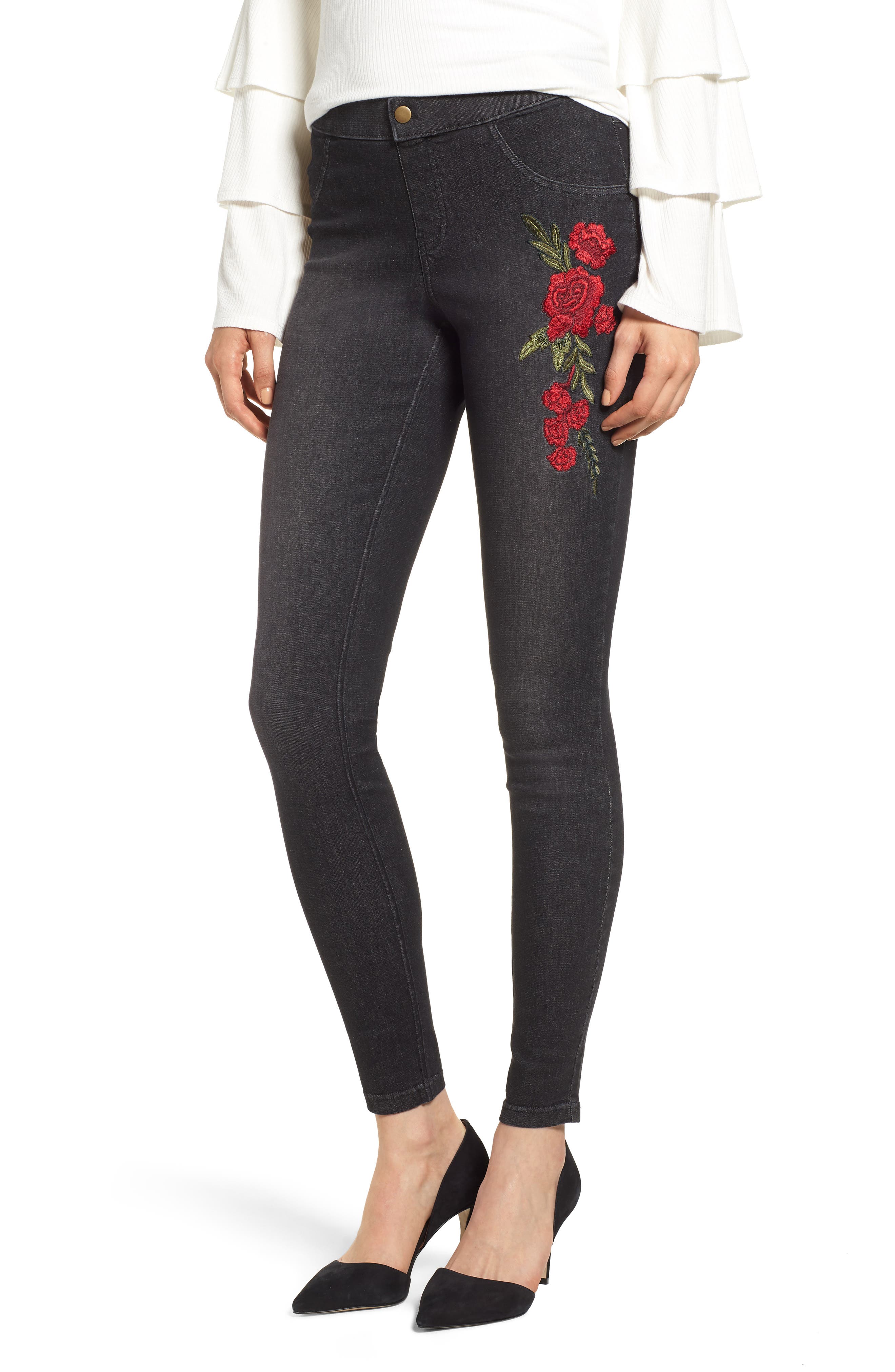 Zeza B By Hue Rose Embroidered Denim Leggings, Black