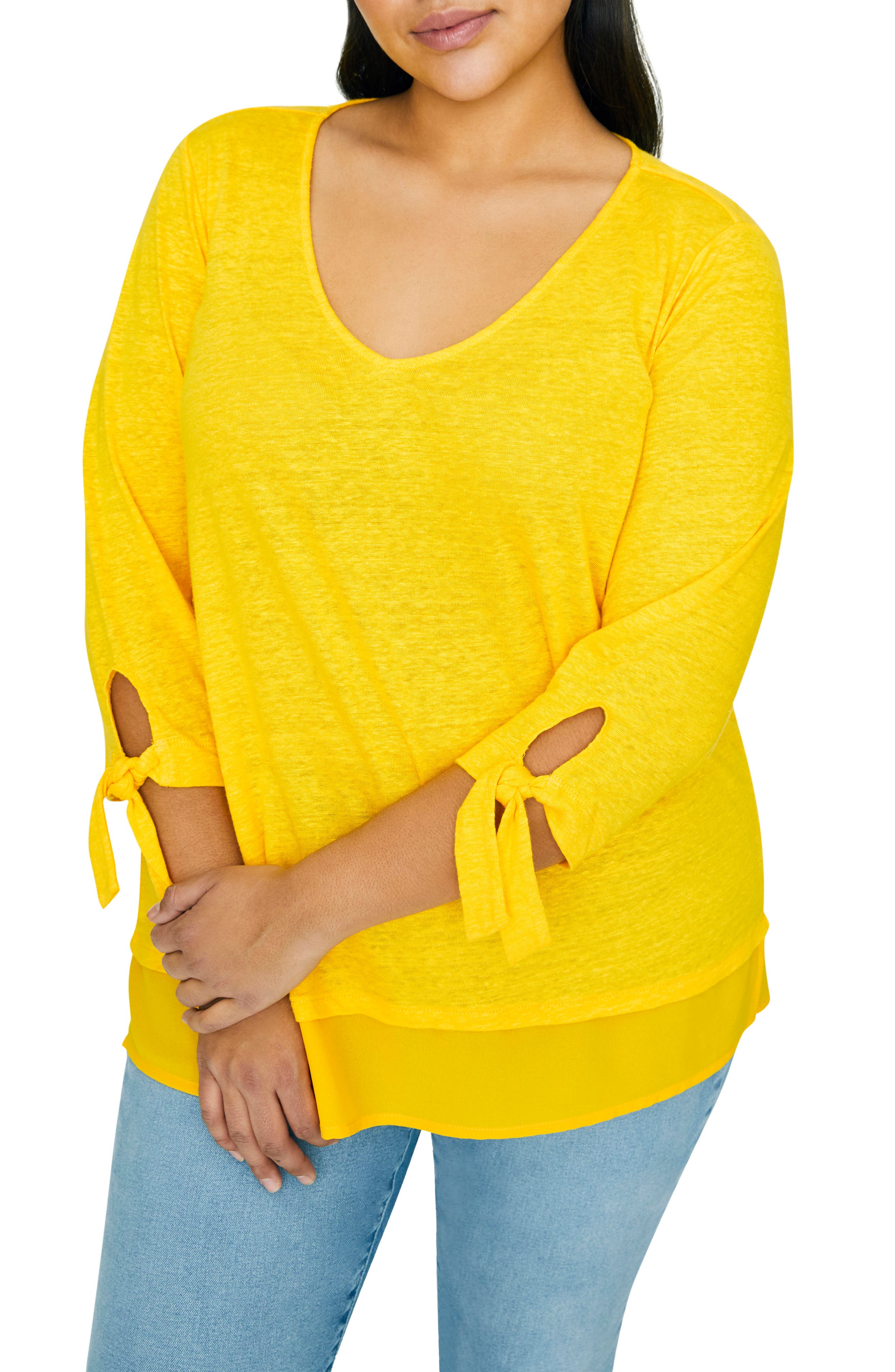 Plus Size Sanctuary Sylvie Tiered Hem Linen Tee, Yellow