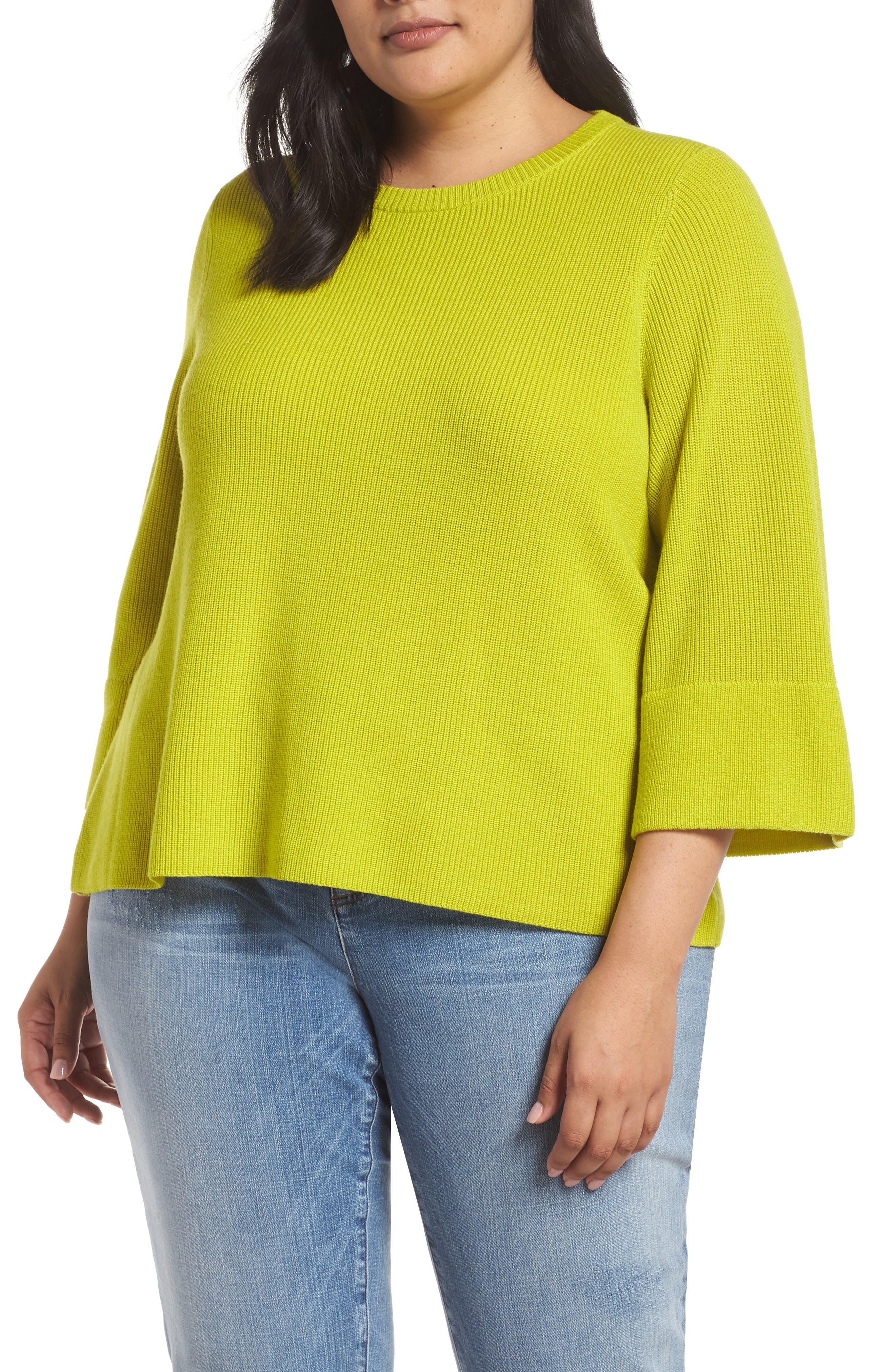 Plus Size Eileen Fisher Ribbed Merino Wool Sweater, Green