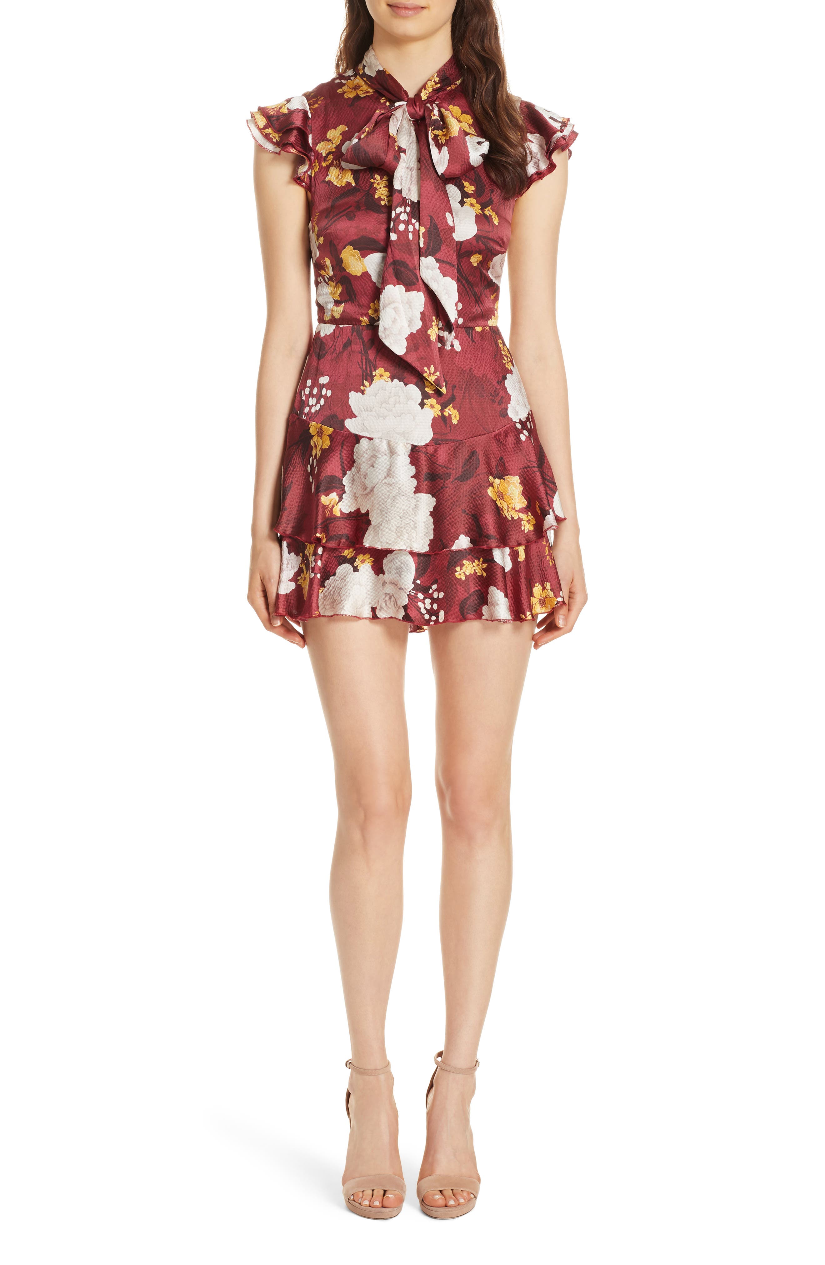 Alice + Olivia Lashay Tie Neck Silk Minidress, Burgundy