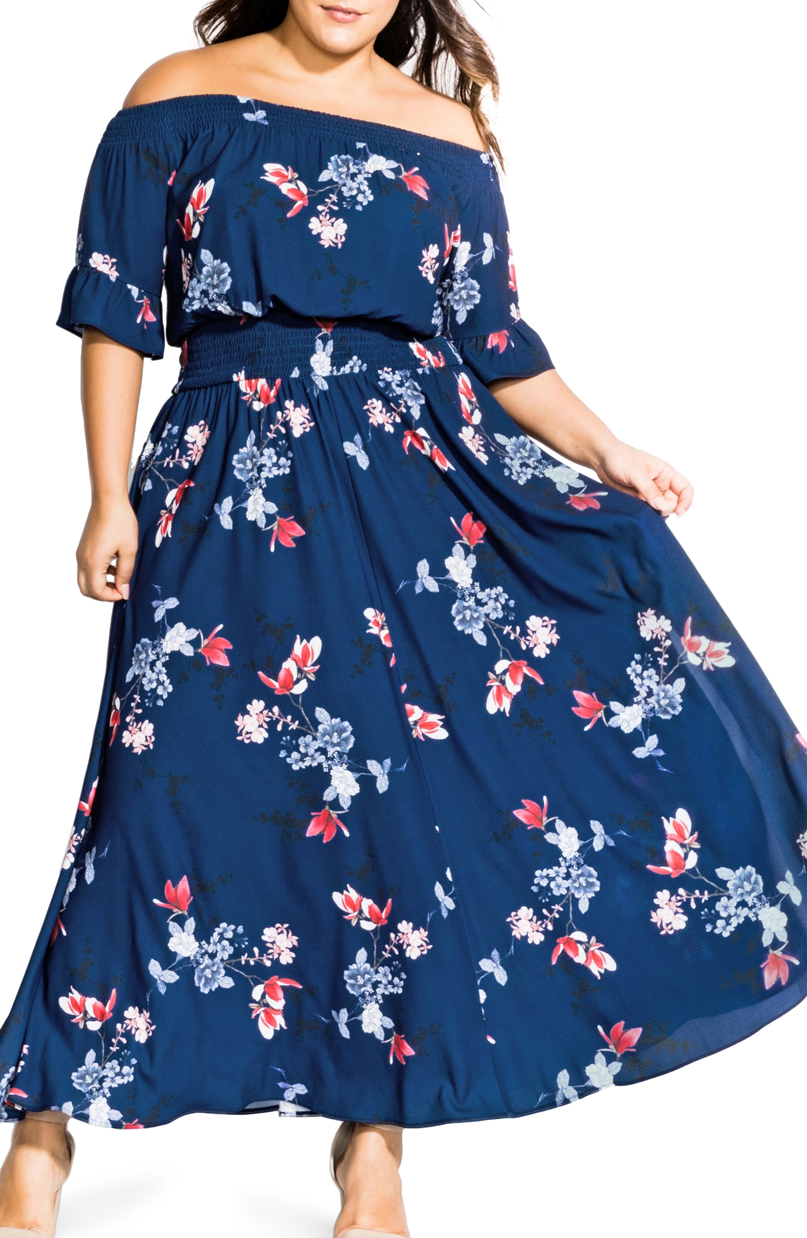Plus Size City Chic Lotus Love Off The Shoulder Maxi Dress, Blue