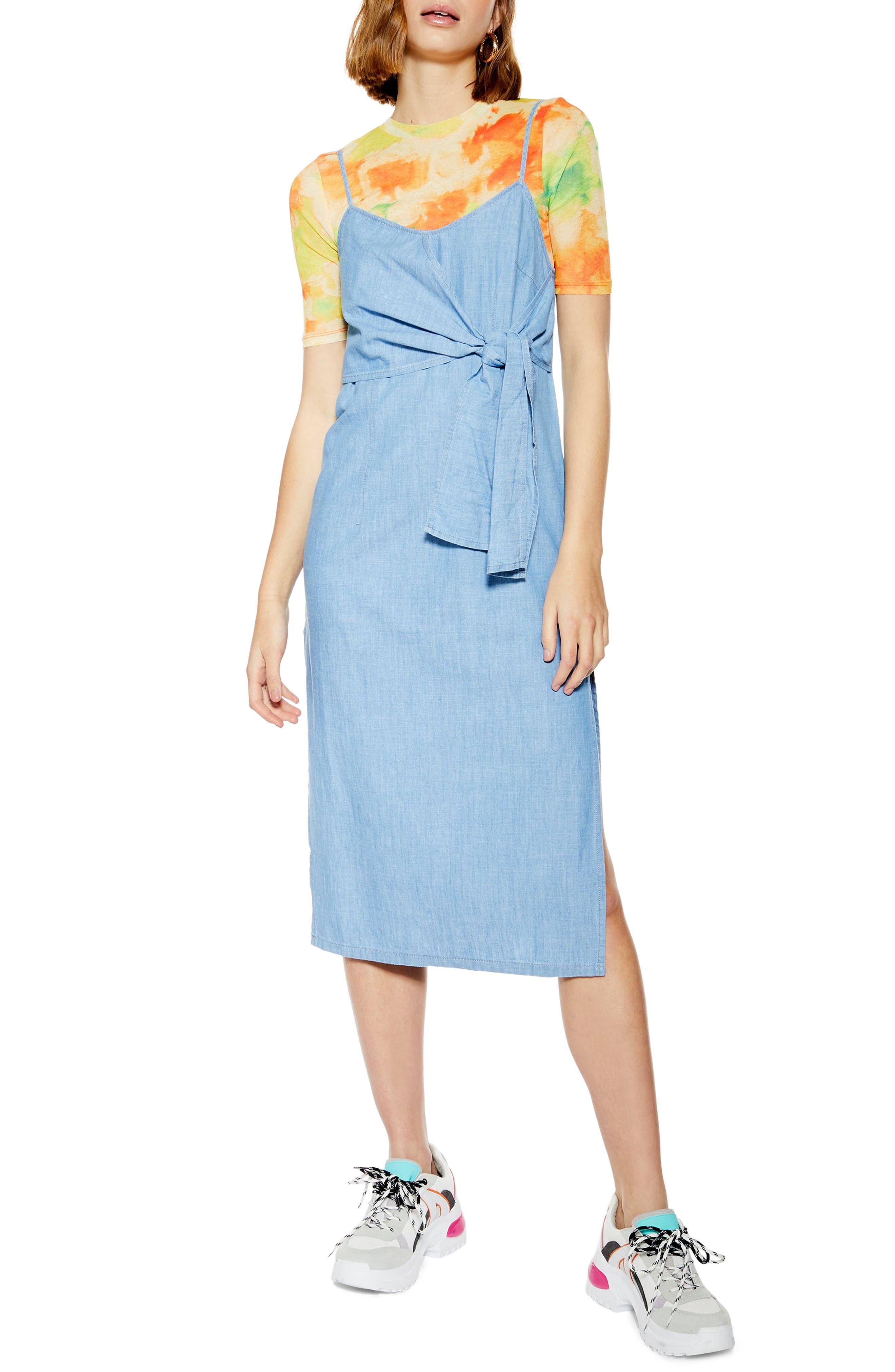Topshop Tie Denim Midi Dress, US (fits like 10-12) - Blue