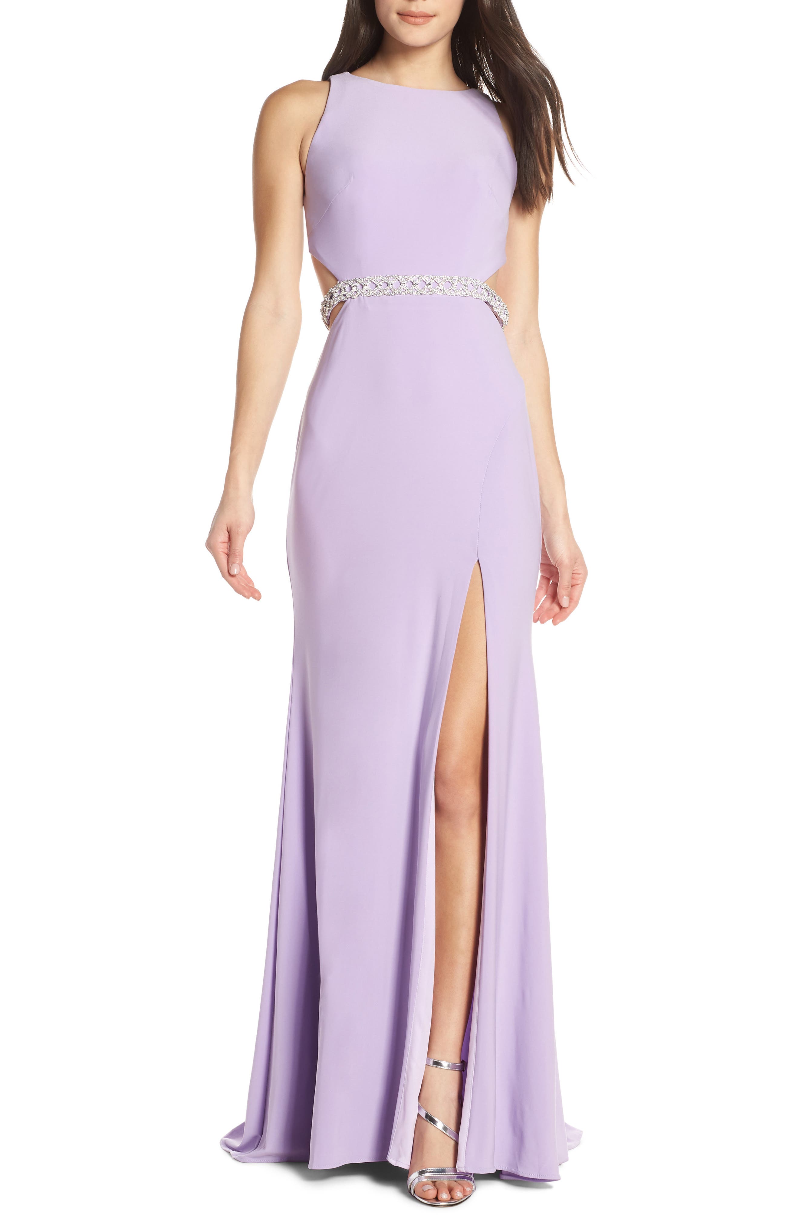 MAC Duggal Jeweled Waist Jersey Evening Dress, Purple