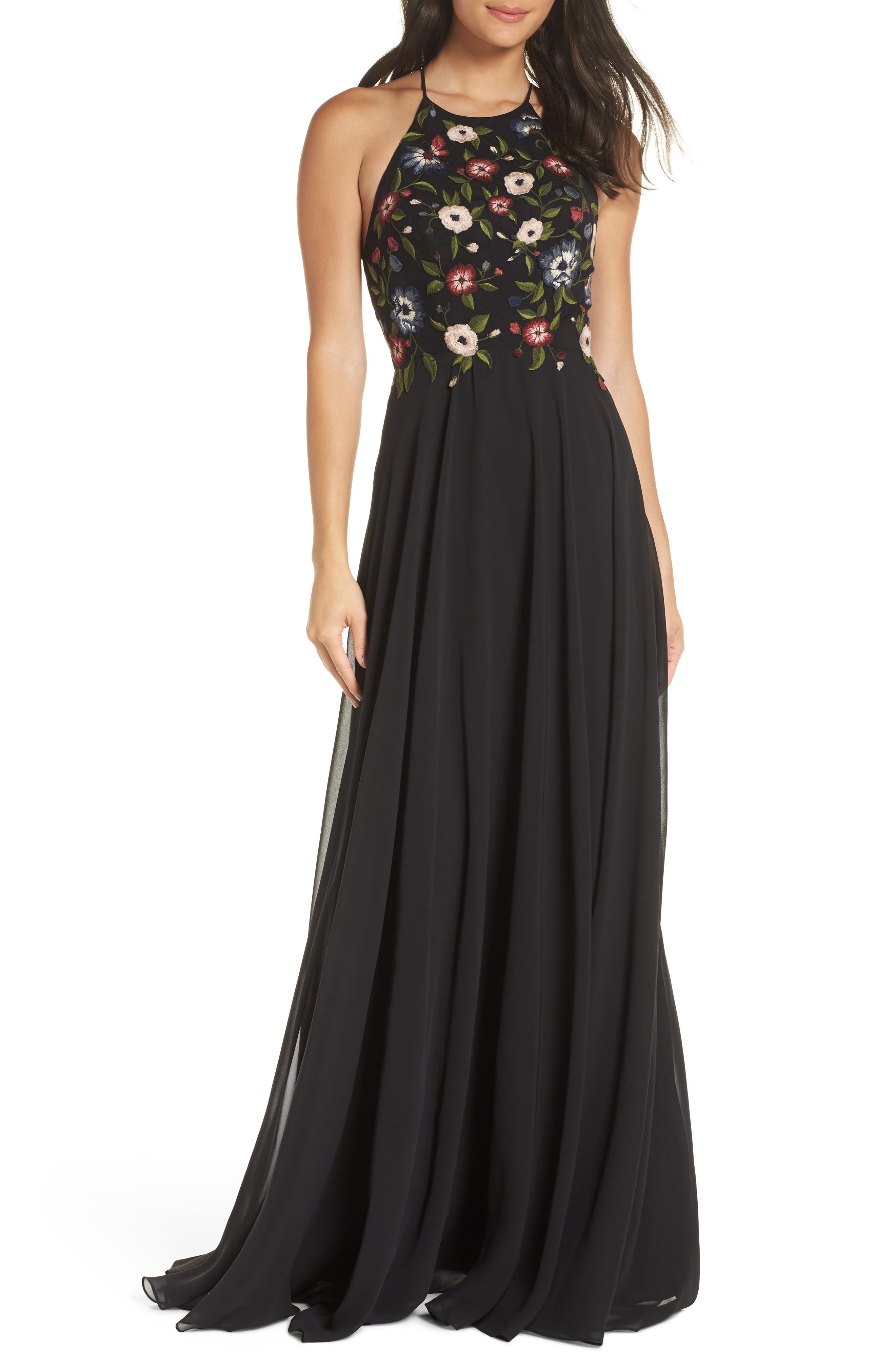 Jenny Yoo Sophie Embroidered Luxe Chiffon Gown, Black
