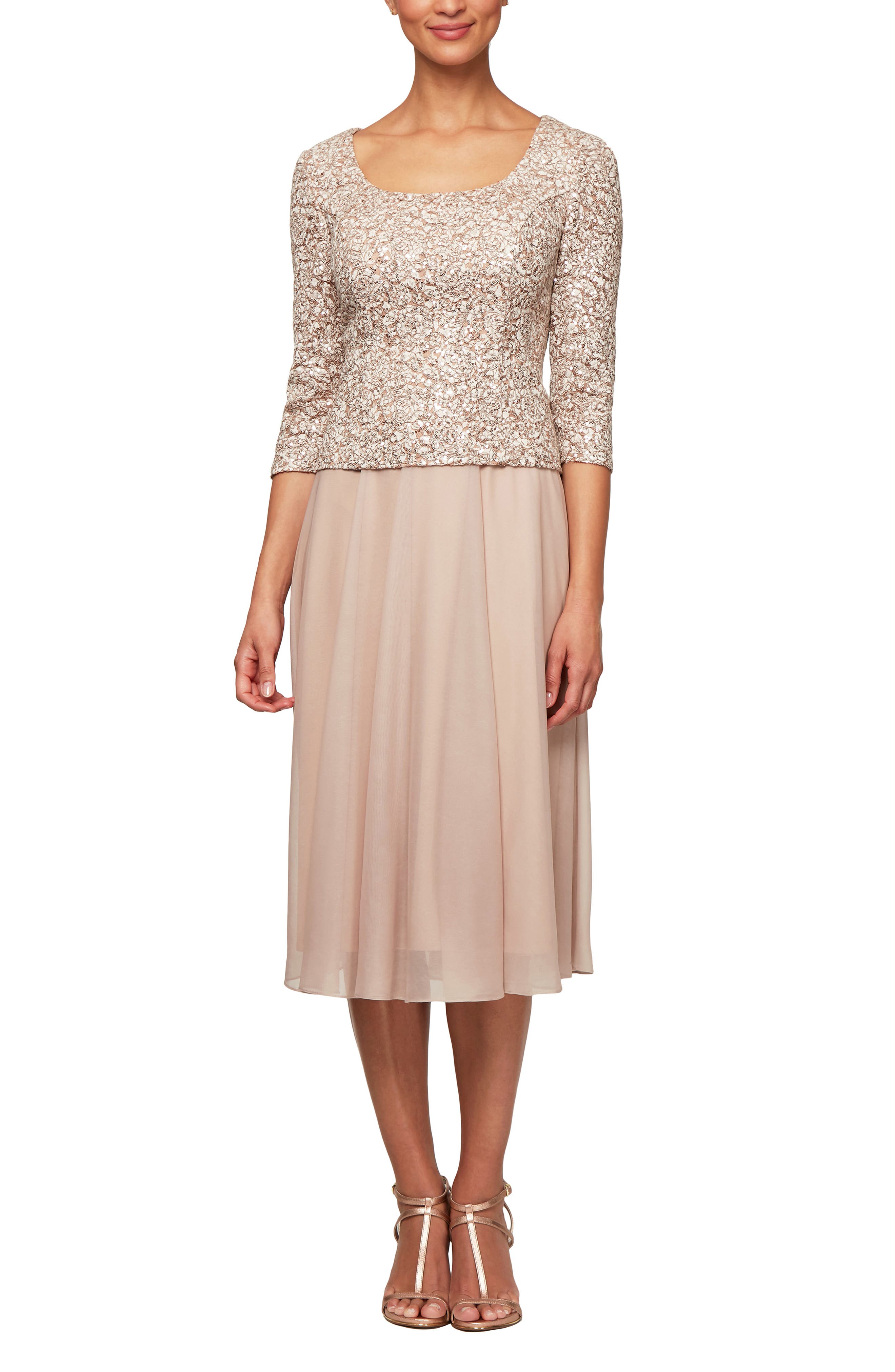 Petite Alex Evenings Sequin Bodice Tea Length Dress, Ivory